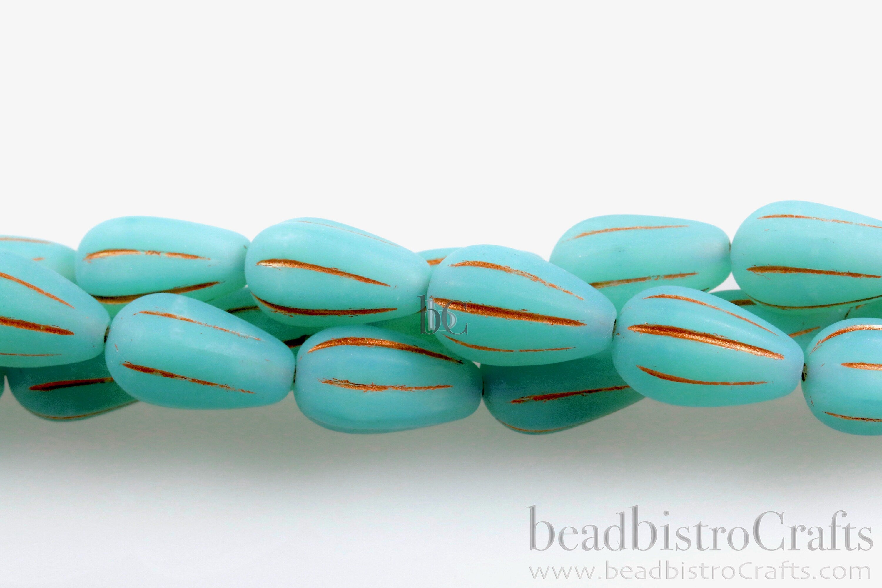 Melon Drops Aqua glass - 8pcs Melon beads - Czech glass Melon drop bead - MATTE Aqua Green Opal Metallic COPPER WASH - 13x8mm