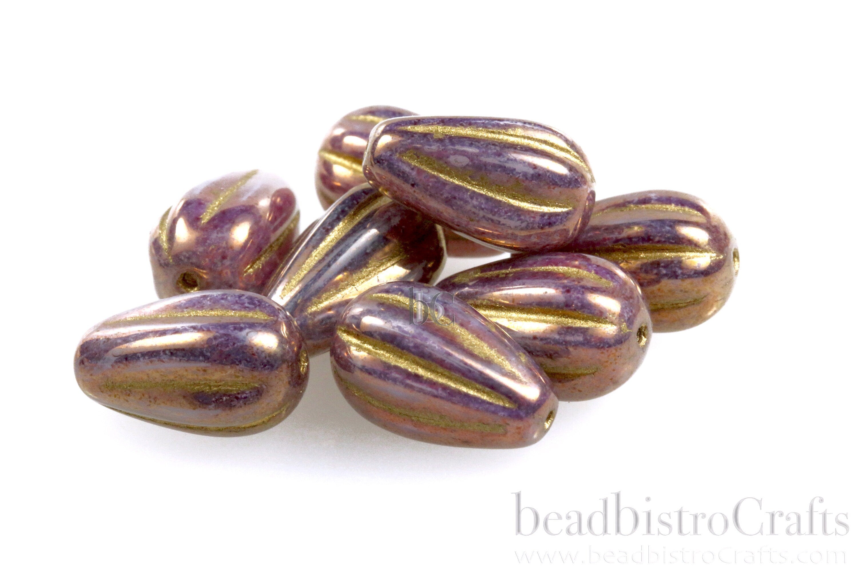 Melon Drops Bronze/Rose glass - 8pcs Melon beads - Czech glass Melon drop bead - Silky White Opal VEGA LUSTER GOLD Wash - 13x8mm