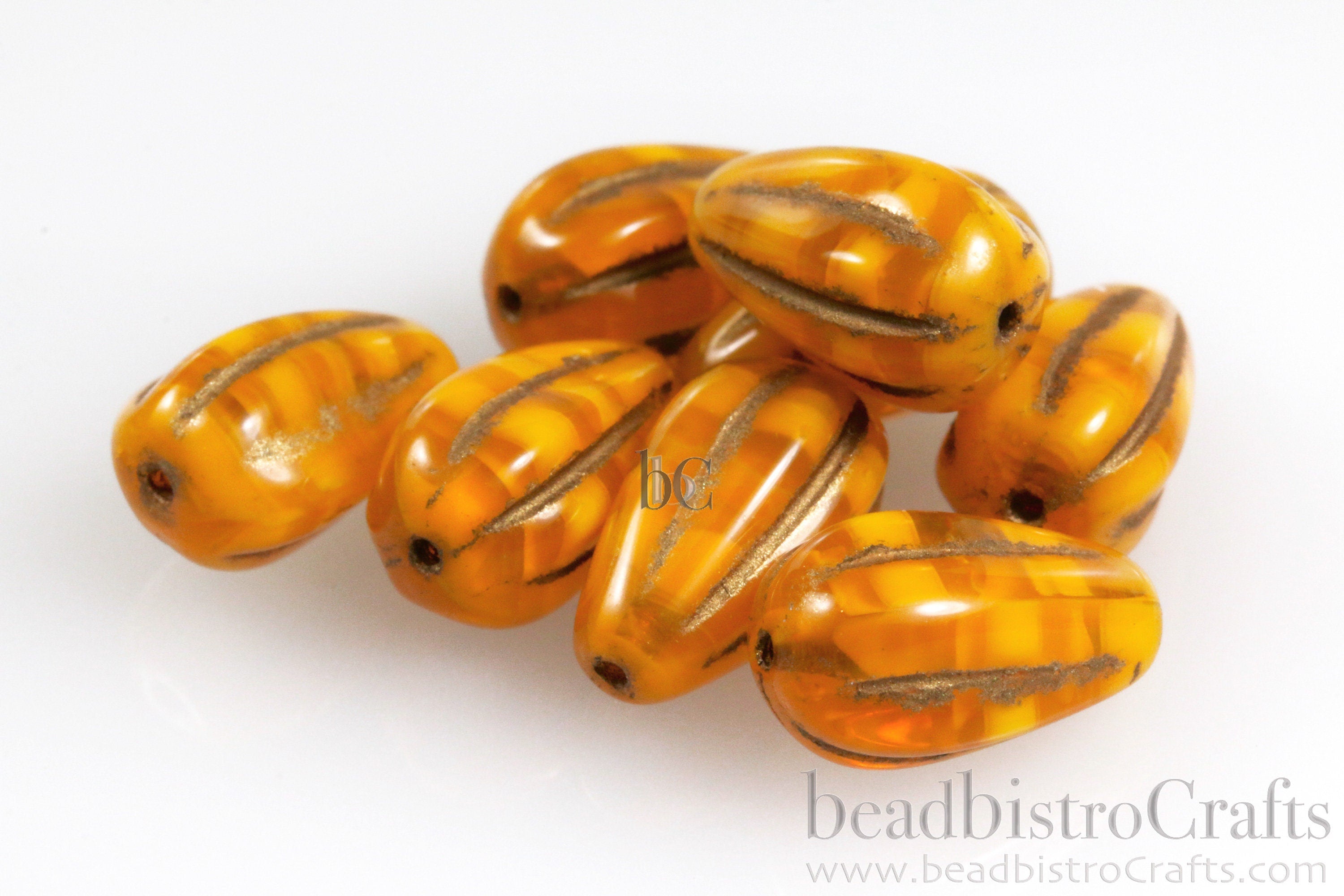 Melon Drops Butterscotch glass - 8pcs Melon beads - Czech glass Melon drop bead - Butterscotch Opal Metallic BRONZE WASH - 13x8mm