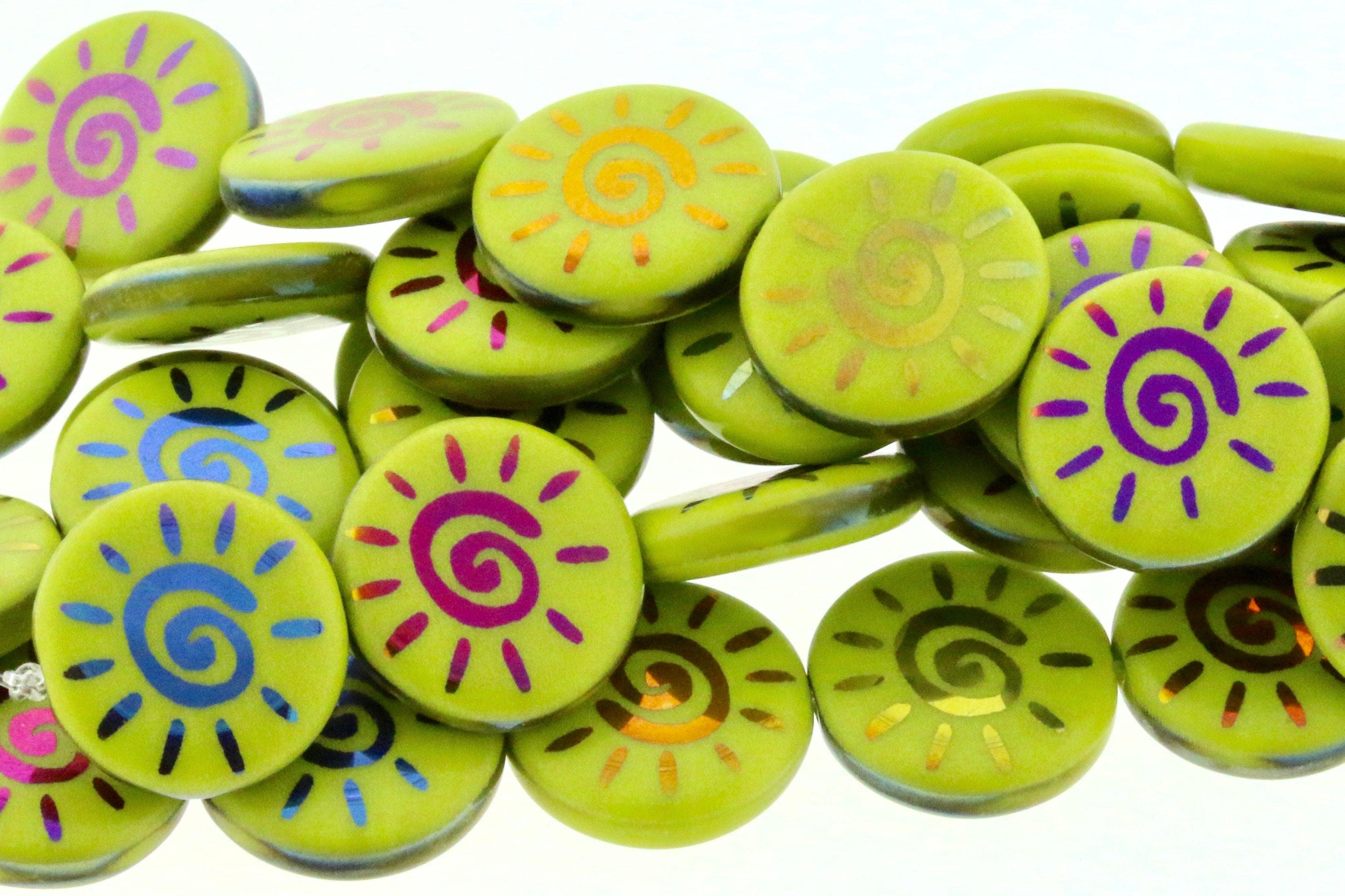 Abstract Sun 14mm Coin Bead Opaque Lime Shiny Sliperit - Laser Tattoo Czech Glass Beads