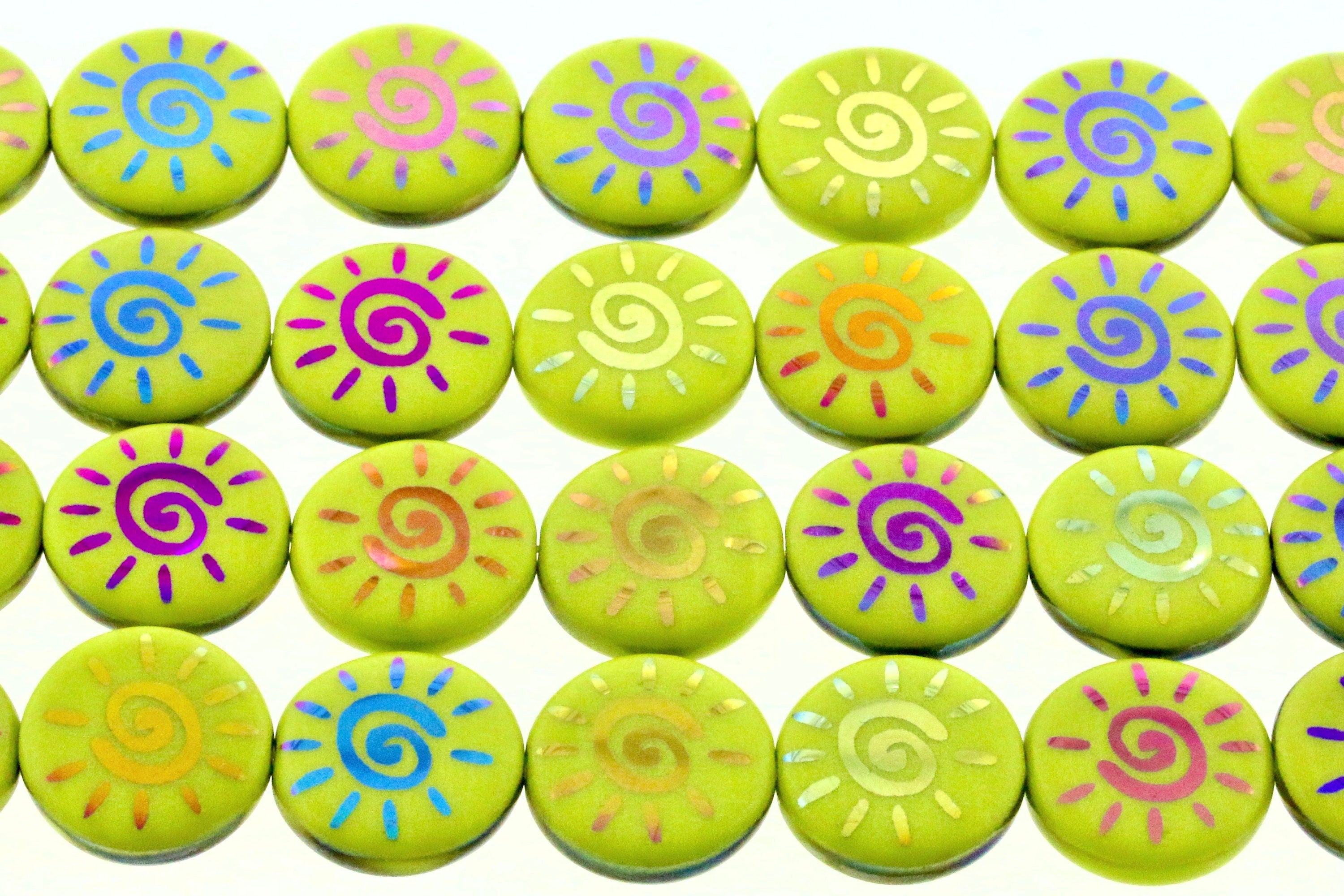 Abstract Sun 14mm Coin Bead Opaque Lime Shiny Sliperit - Laser Tattoo Czech Glass Beads