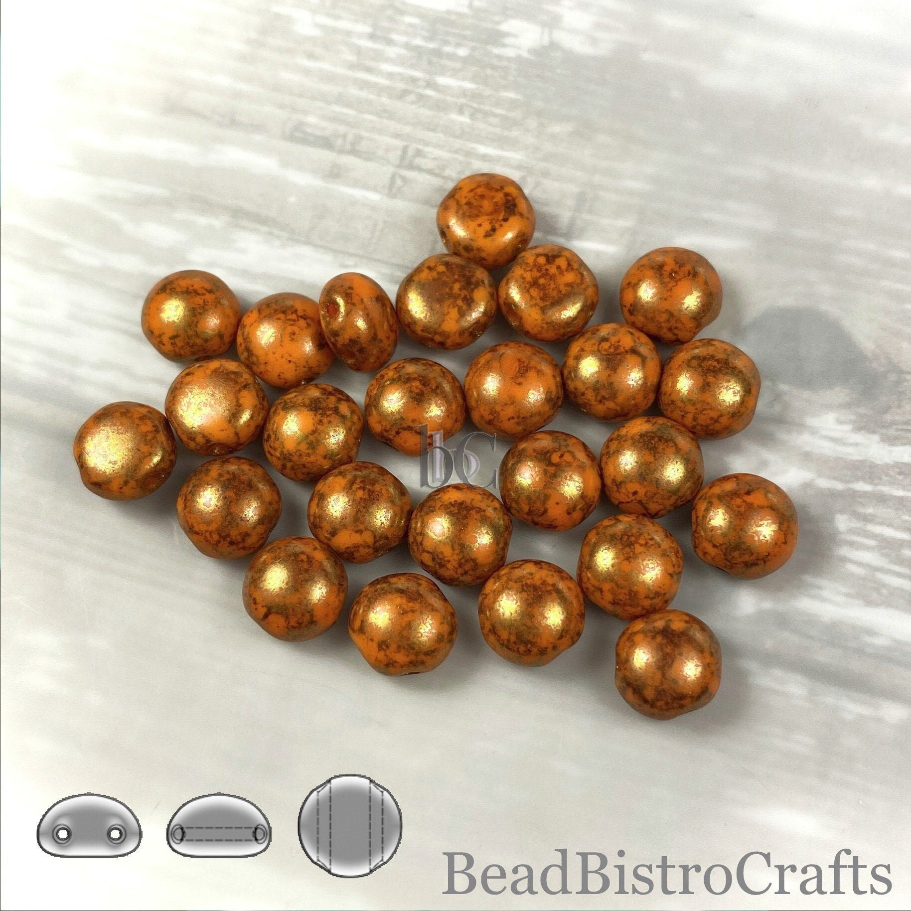 2-hole CANDY™ Cabochon Beads - 24 or 48pcs 8mm Czech 2-hole Preciosa cabochons - Opaque Pumpkin Orange BRONZE TERACOTA * Czech glass beads