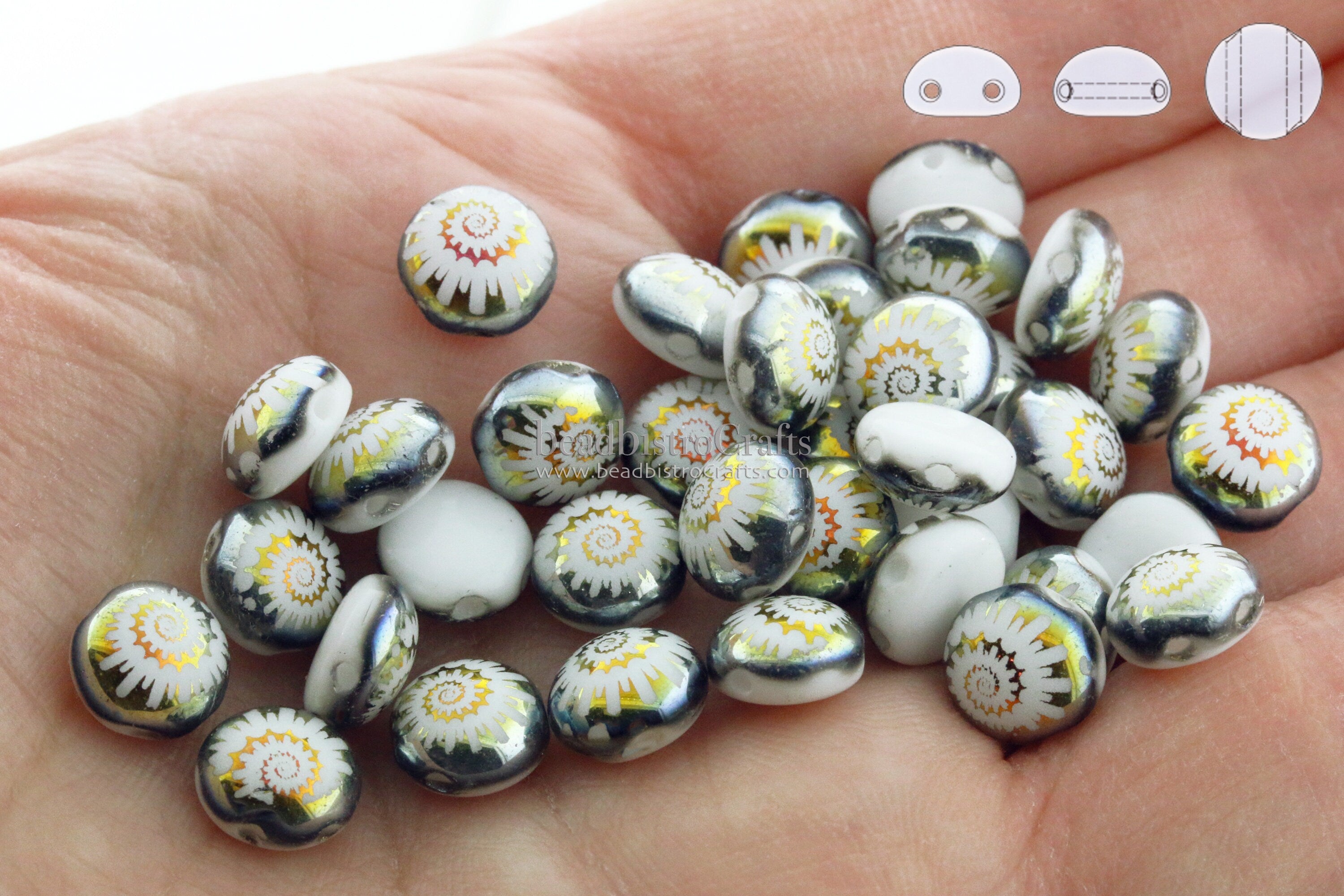 Laser Tattoo 8mm 2-hole CANDY Cabochon Beads - 24 or 48pcs - Czech 2-hole Preciosa * cabochon Opaque White Alabaster MAREA NAUTILUS Tattoo