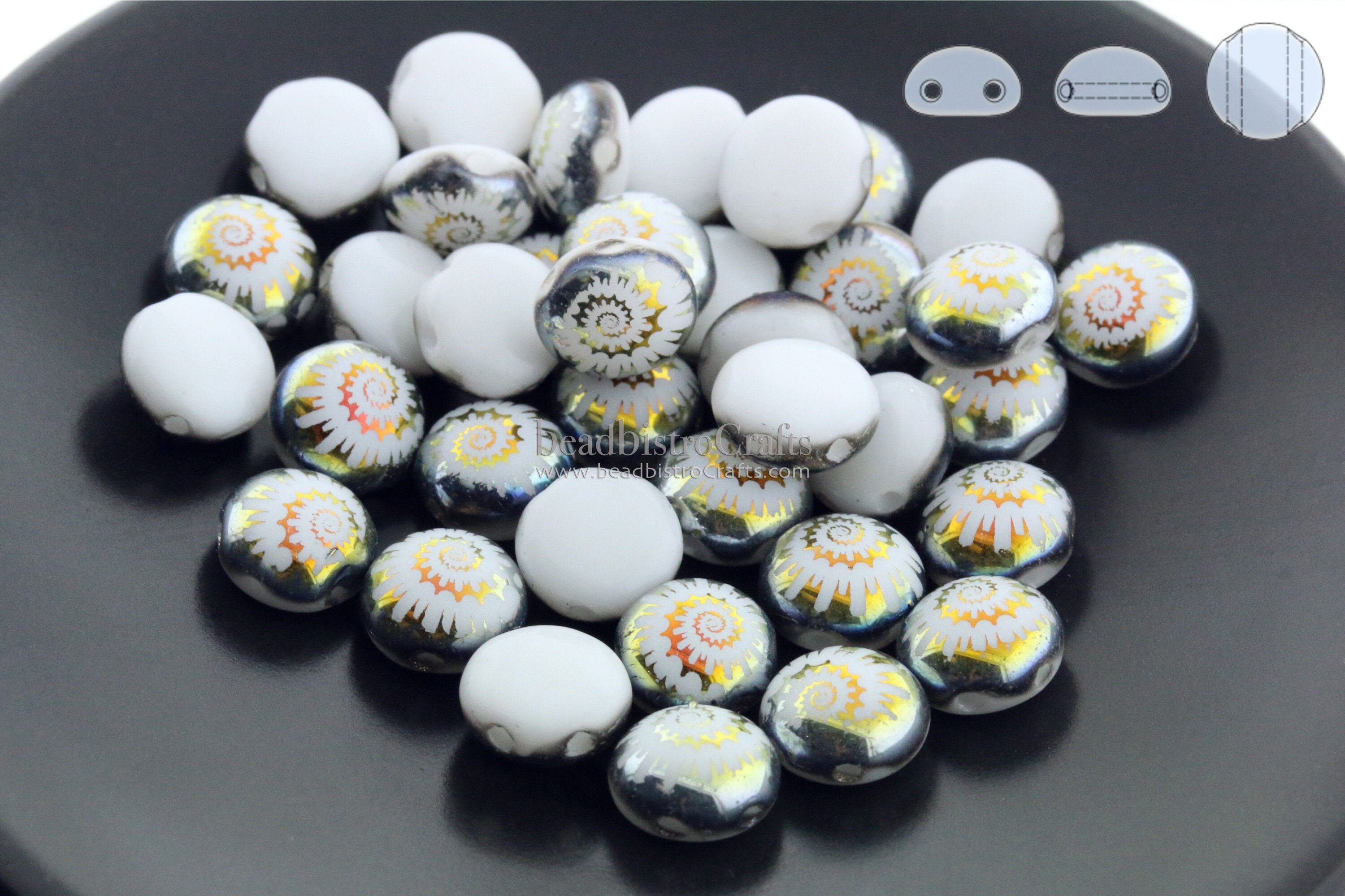 Laser Tattoo 8mm 2-hole CANDY Cabochon Beads - 24 or 48pcs - Czech 2-hole Preciosa * cabochon Opaque White Alabaster MAREA NAUTILUS Tattoo