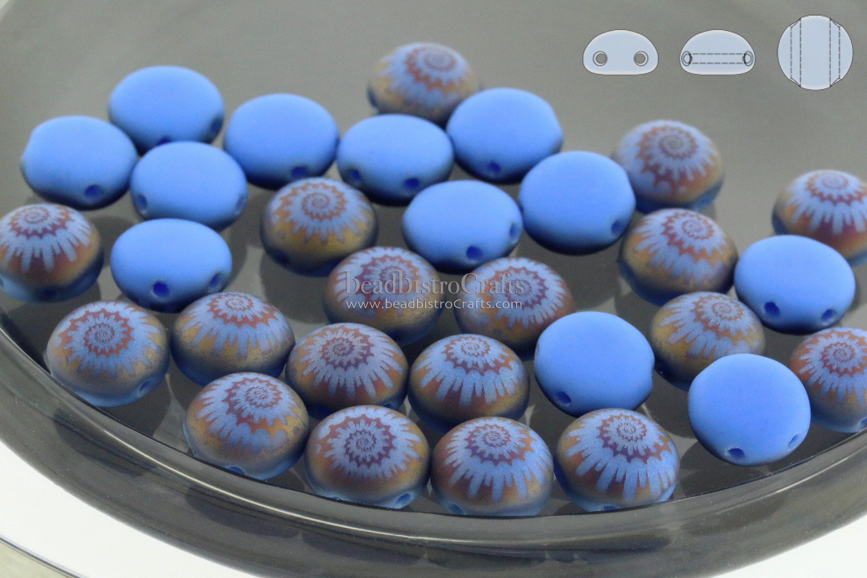 Laser Tattoo 8mm 2-hole CANDY Cabochon Beads - 24 or 48pcs - Czech 2-hole Preciosa * cabochon MATTE Periwinkle Blue Sliperit NAUTILUS Tattoo