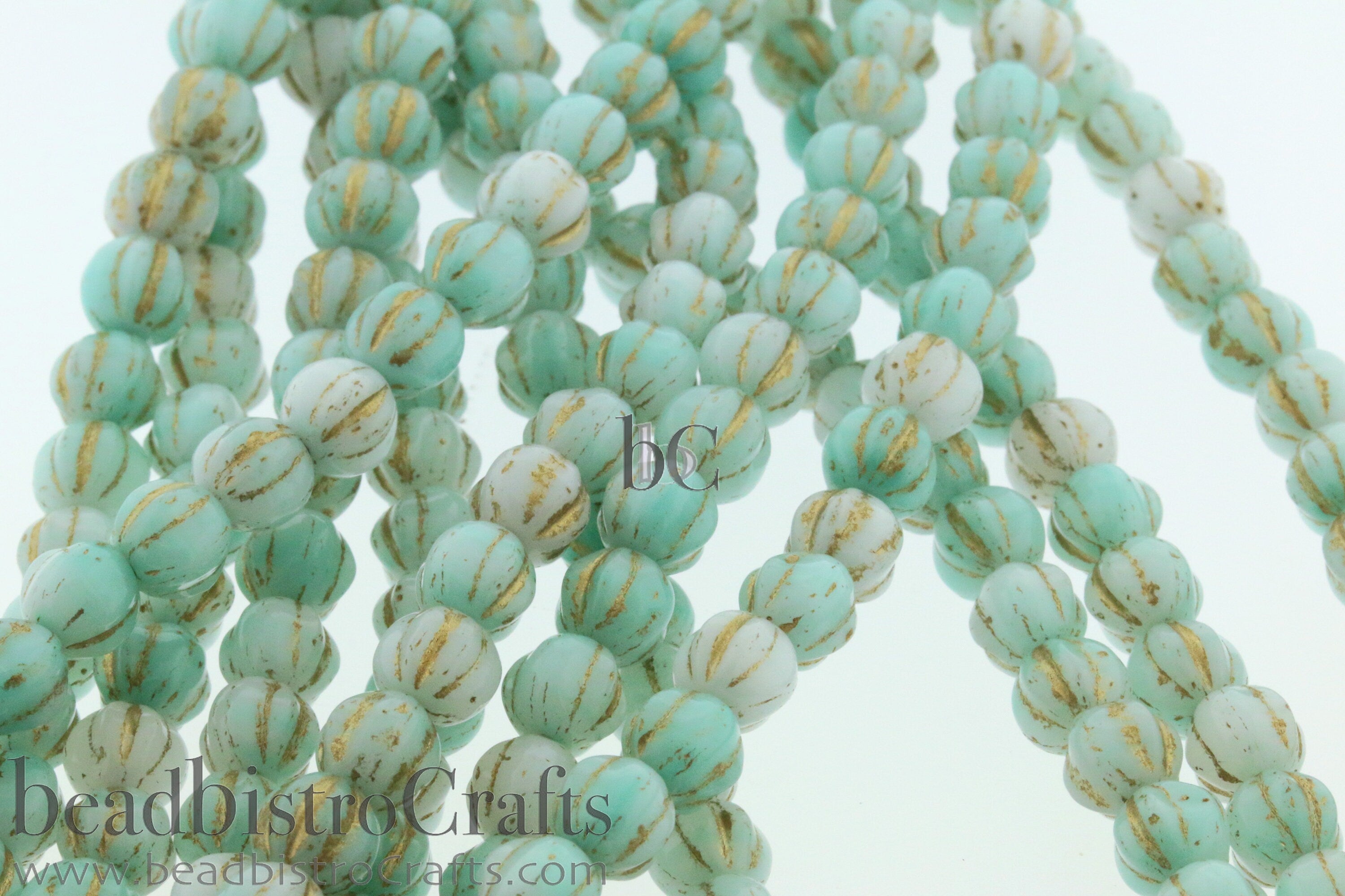 6mm Czech glass Melon round bead - 35 or 105pcs Pale VINTAGE JADE with GOLD Wash - 6mm Melon beads