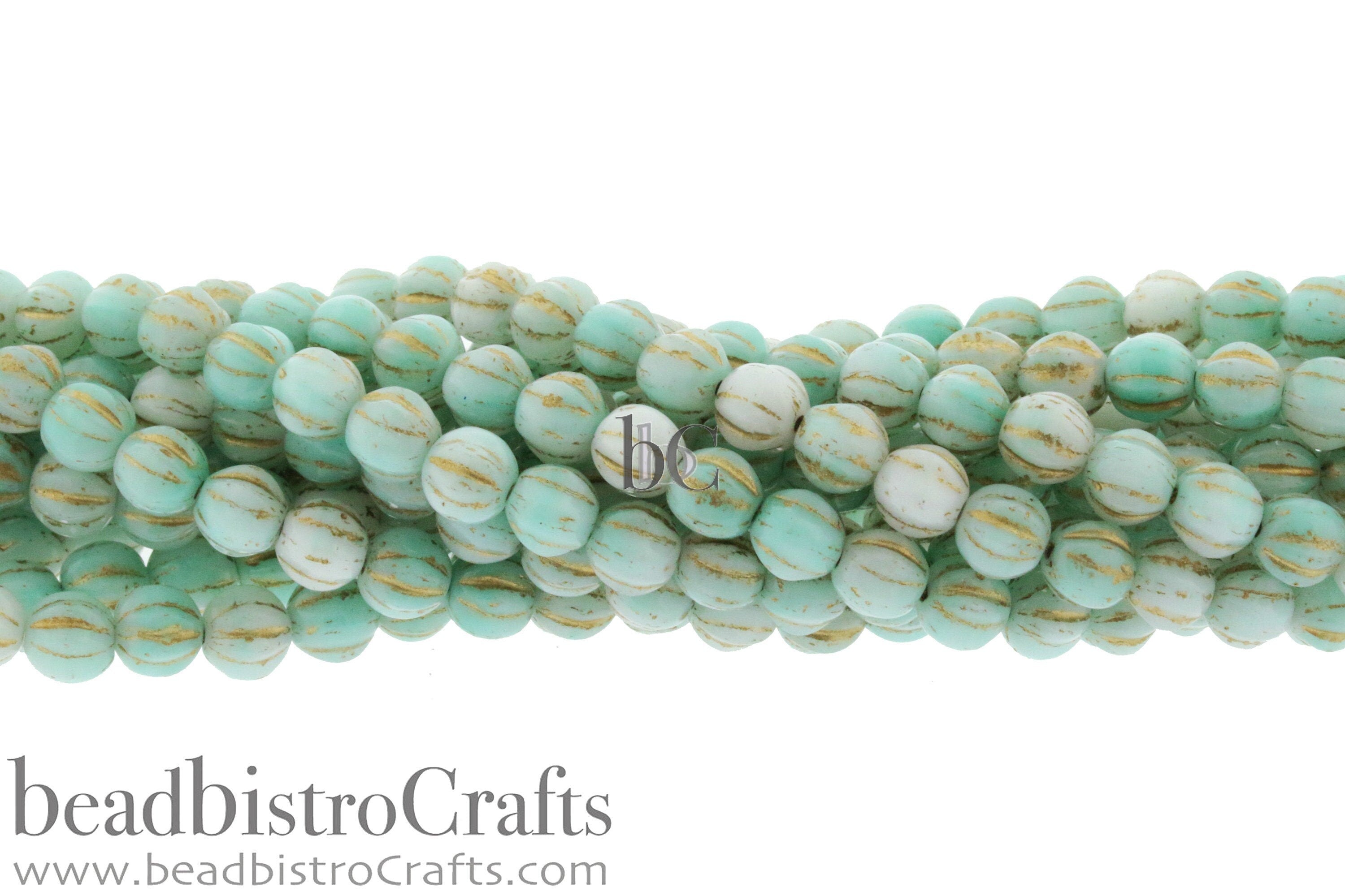 6mm Czech glass Melon round bead - 35 or 105pcs Pale VINTAGE JADE with GOLD Wash - 6mm Melon beads