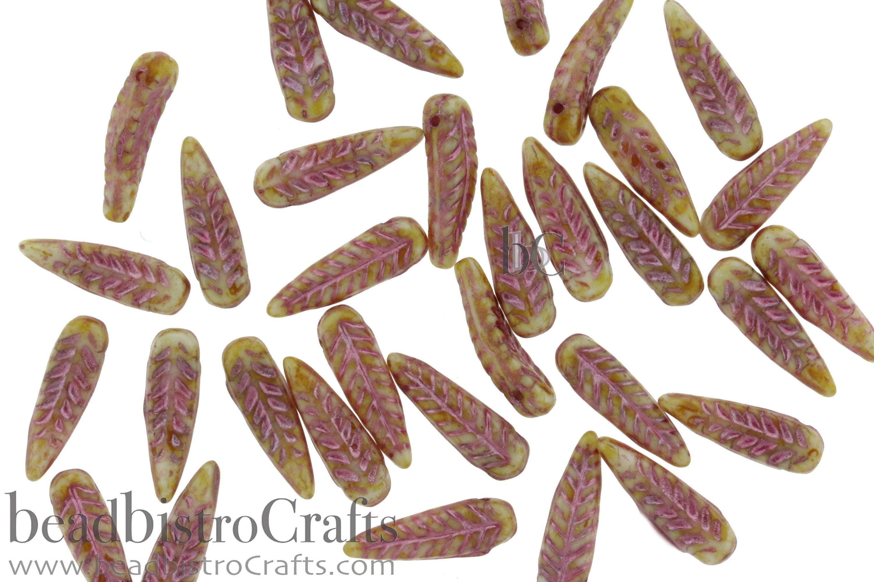 Czech Glass Bird Feather beads - 16 or 48pcs - Alabaster TRAVERTINE Metallic PINK Wash - 5x17mm - Czech glass Feather Daggers