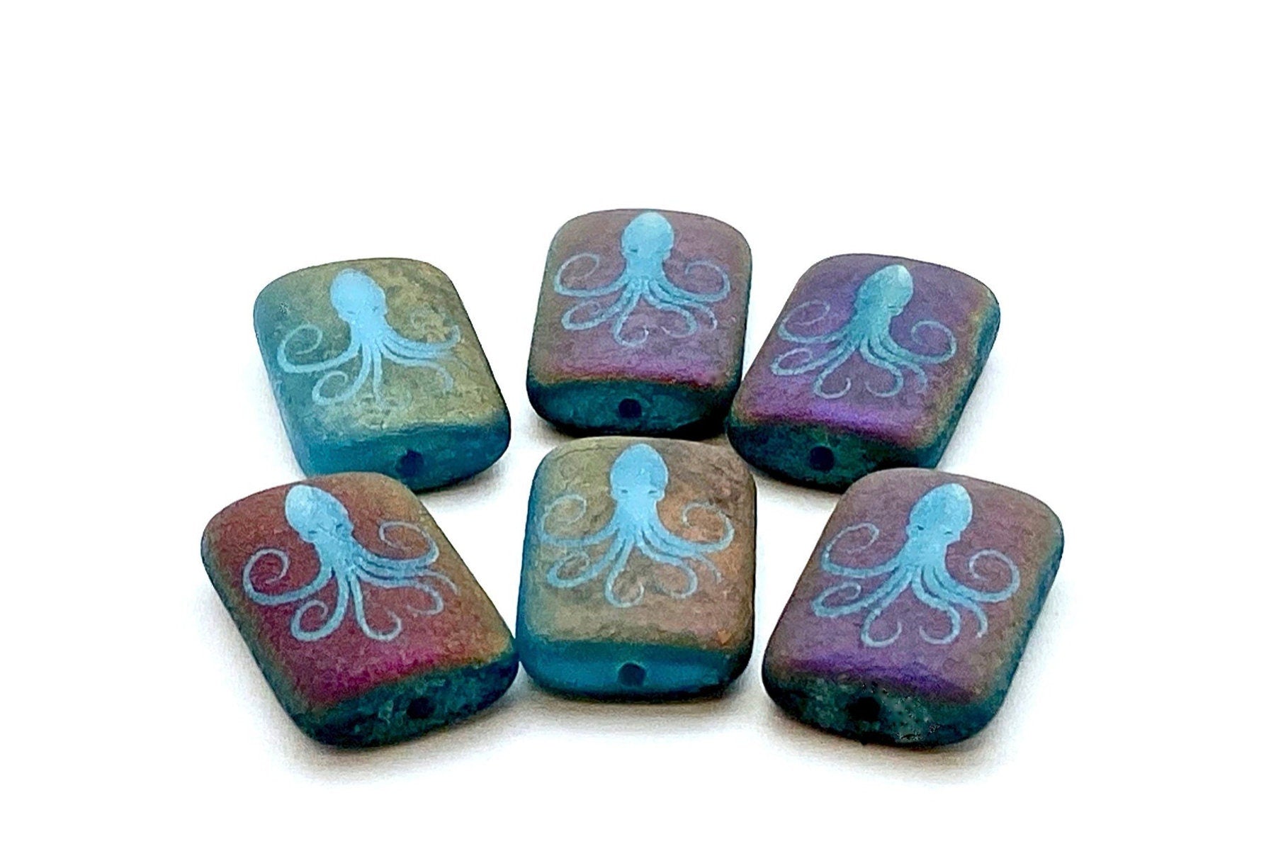 Czech Glass Beads ~ Octopus Transparent Matte Light Blue Sliperit - 18x12mm Laser Tattoo Etched Beads