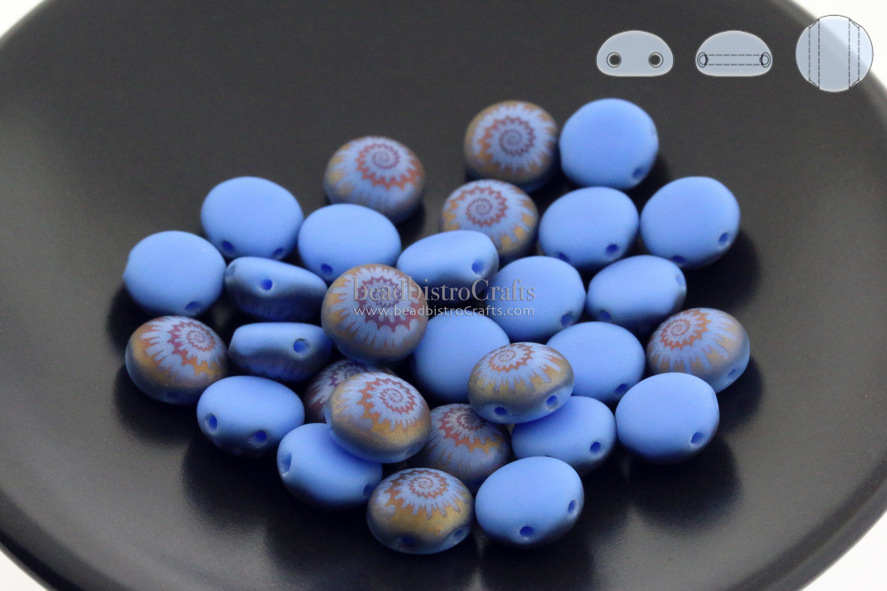 Laser Tattoo 8mm 2-hole CANDY Cabochon Beads - 24 or 48pcs - Czech 2-hole Preciosa * cabochon MATTE Periwinkle Blue Sliperit NAUTILUS Tattoo