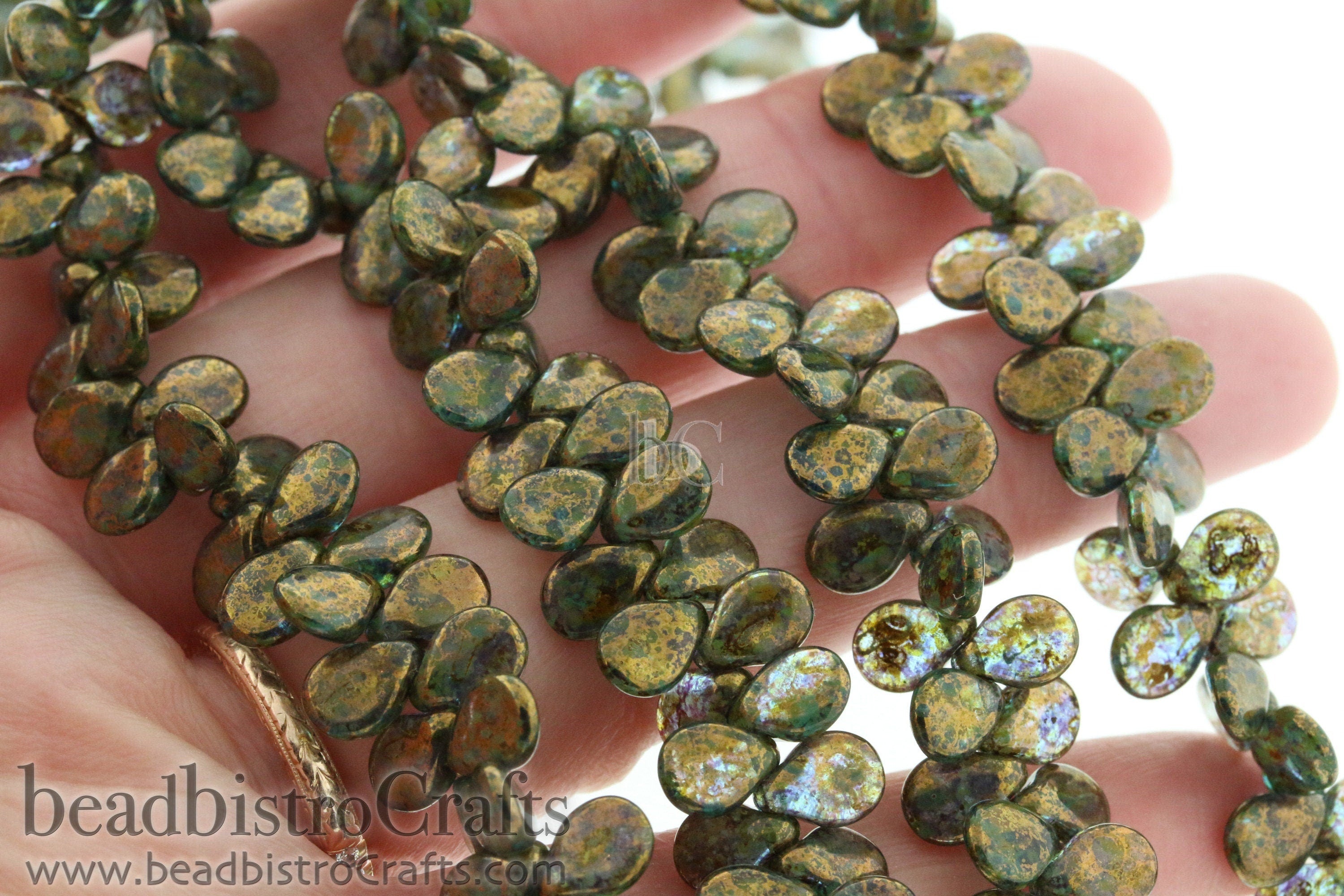 Bronze Pip Beads - 50pcs Czech Glass - Aqua Ultramarine BRONZE PICASSO - Drop Beads - Preciosa pip 5x7mm