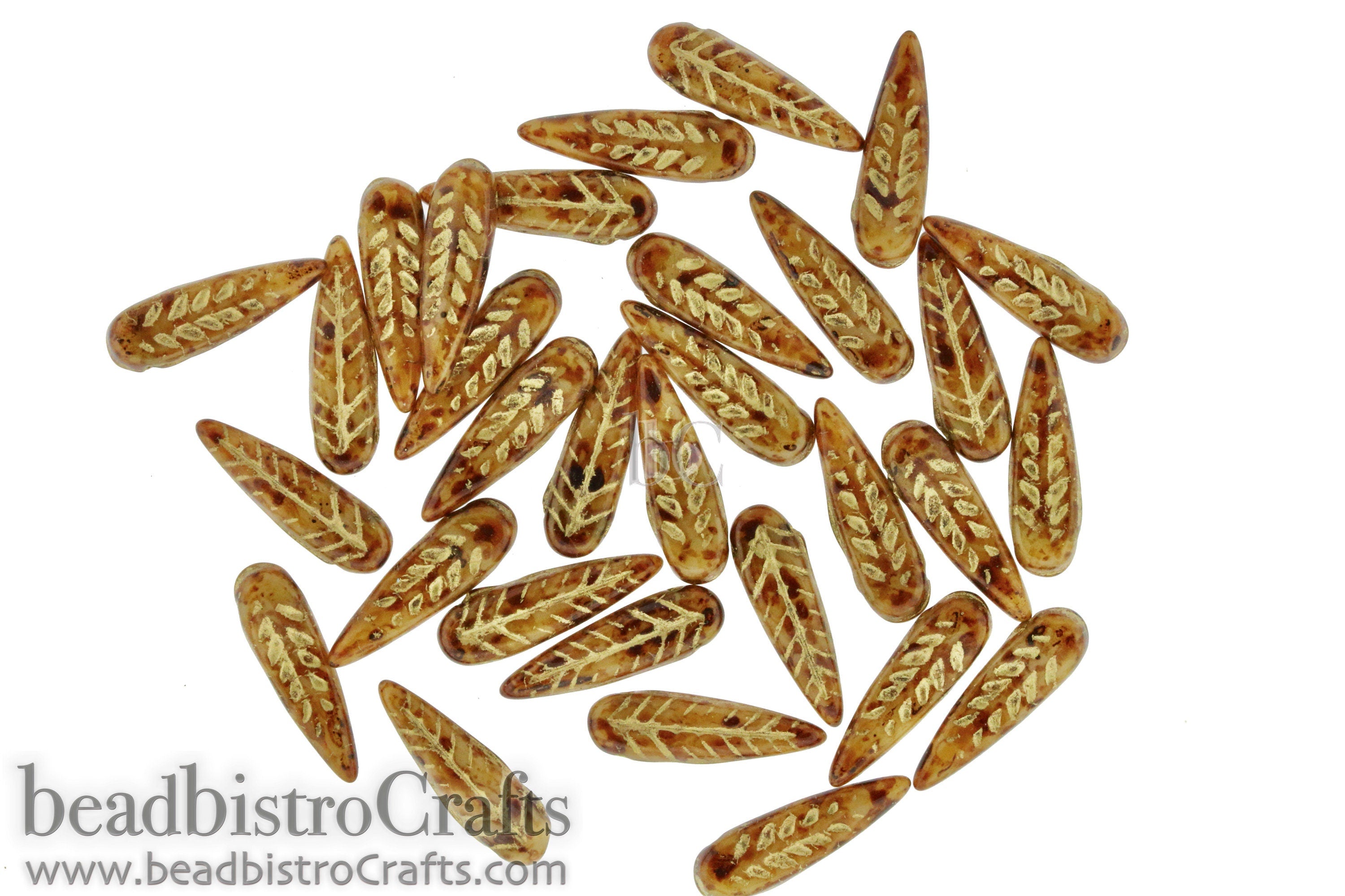 Czech Glass Bird Feather beads - 16 or 48pcs - Opaque Beige TRAVERTINE Metallic GOLD Wash - 5x17mm - Czech glass Feather Daggers