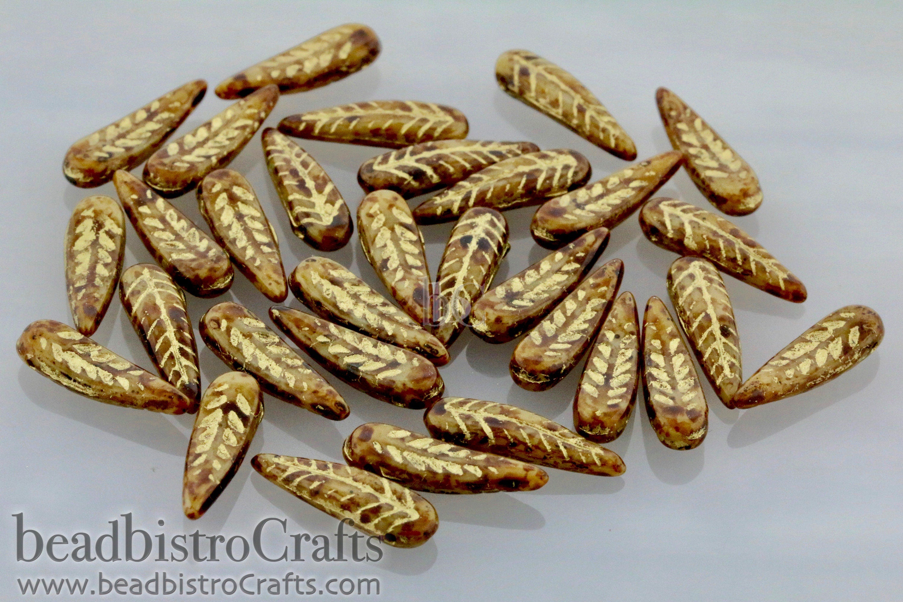 Czech Glass Bird Feather beads - 16 or 48pcs - Opaque Beige TRAVERTINE Metallic GOLD Wash - 5x17mm - Czech glass Feather Daggers