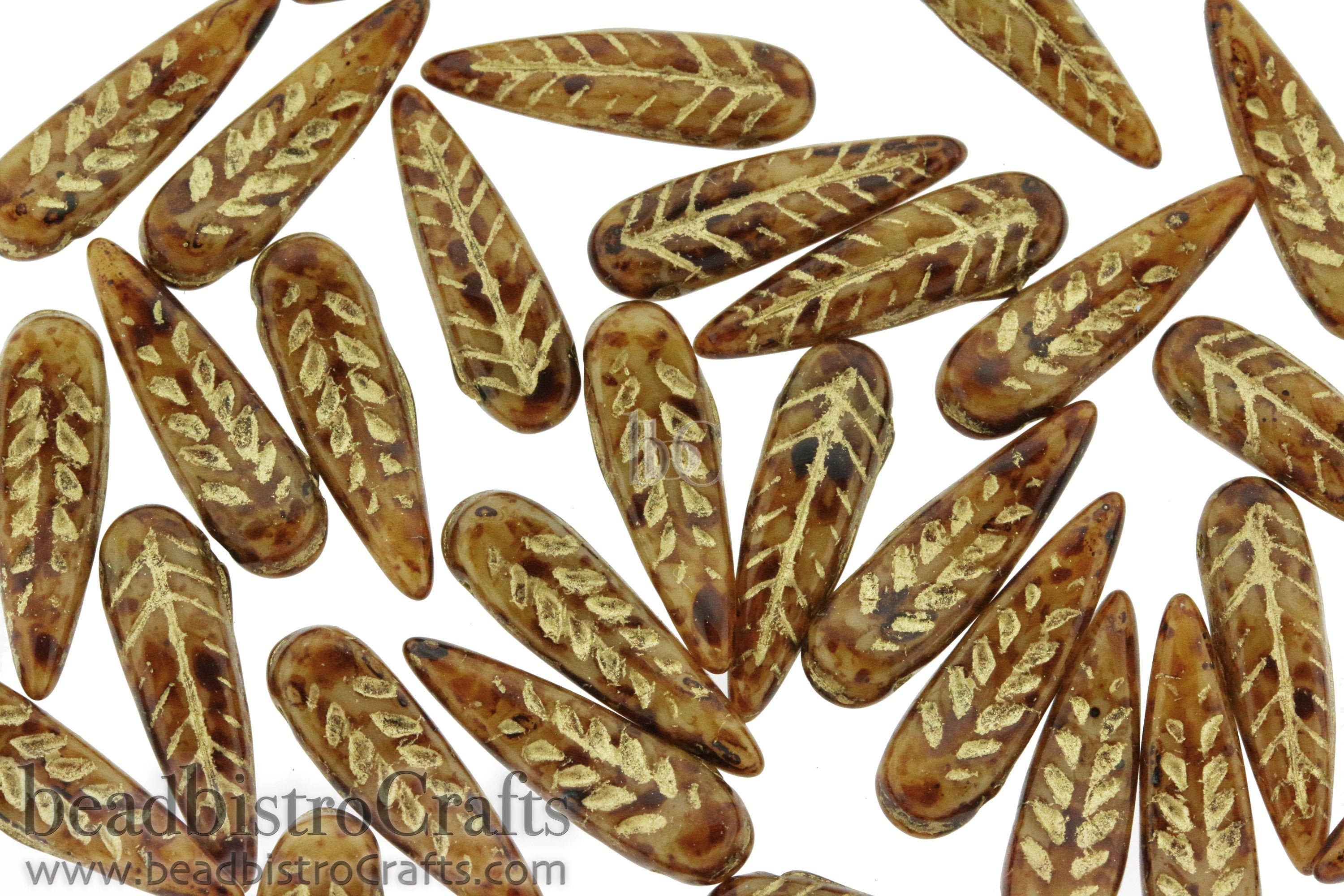 Czech Glass Bird Feather beads - 16 or 48pcs - Opaque Beige TRAVERTINE Metallic GOLD Wash - 5x17mm - Czech glass Feather Daggers