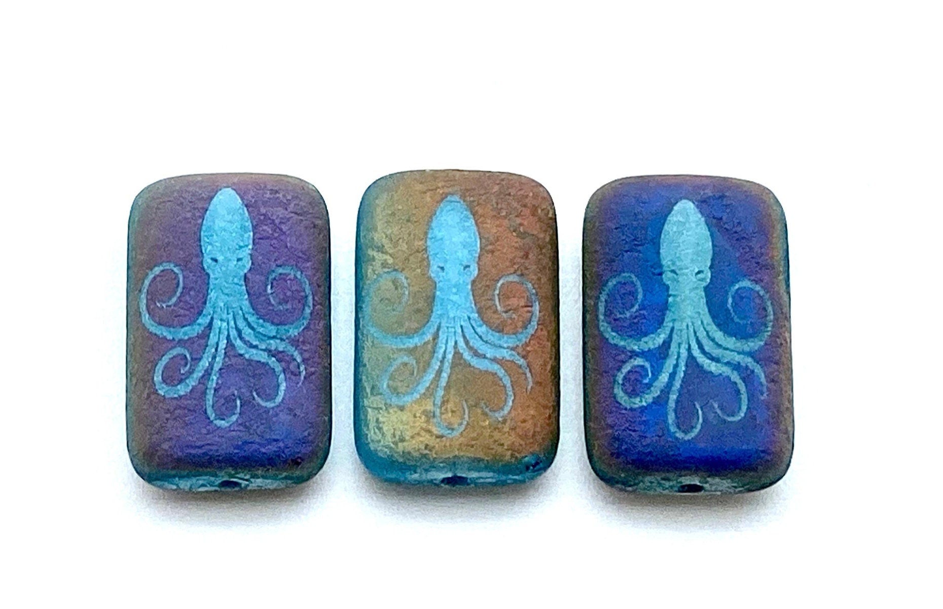 Czech Glass Beads ~ Octopus Transparent Matte Light Blue Sliperit - 18x12mm Laser Tattoo Etched Beads