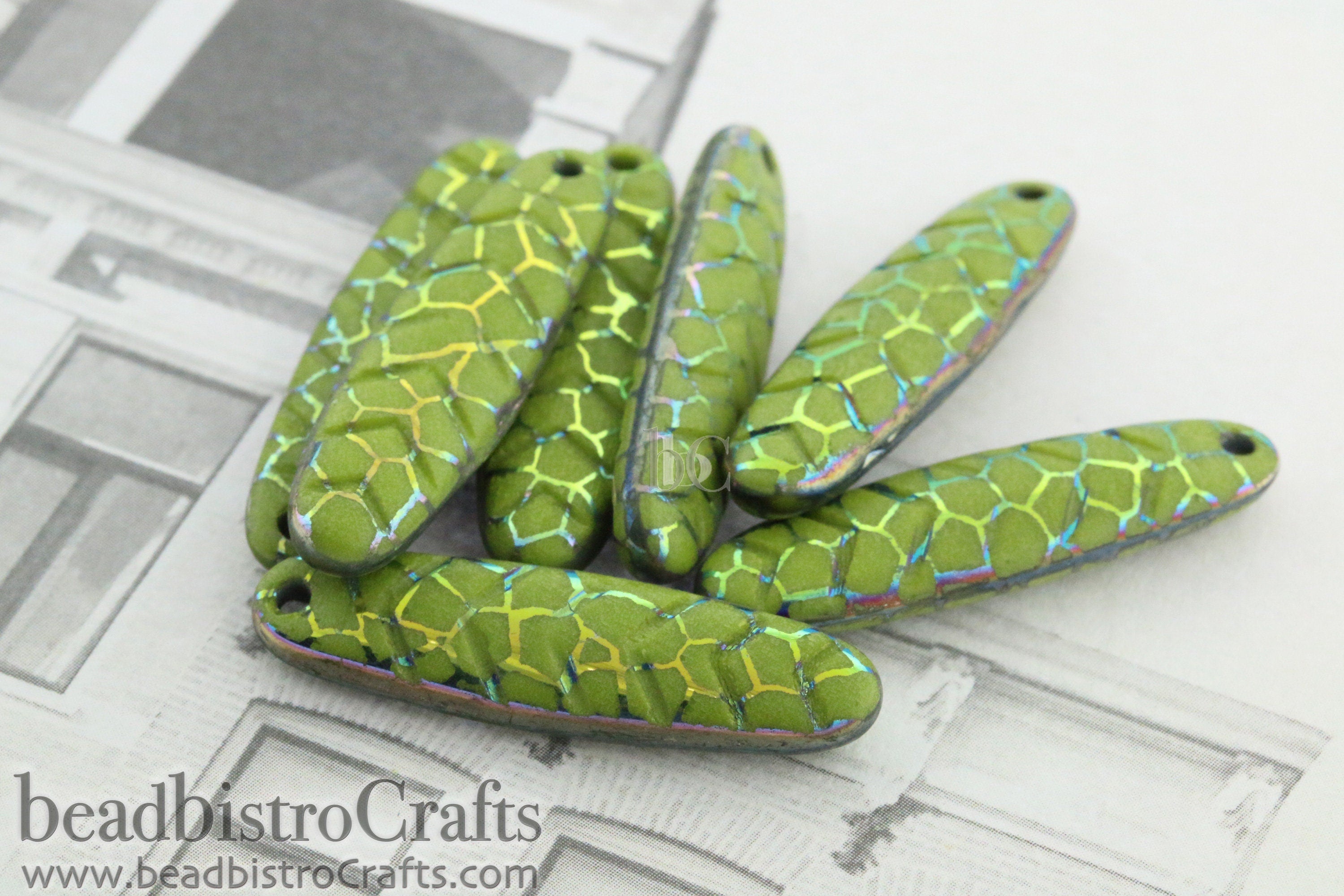 2pcs Laser Tattoo CHEVRON DAGGERS * Original Czech Glass Beads - Opaque Olive Vitrail CRACKLE - 30x9mm Dagger Beads front drill - 0.9mm hole