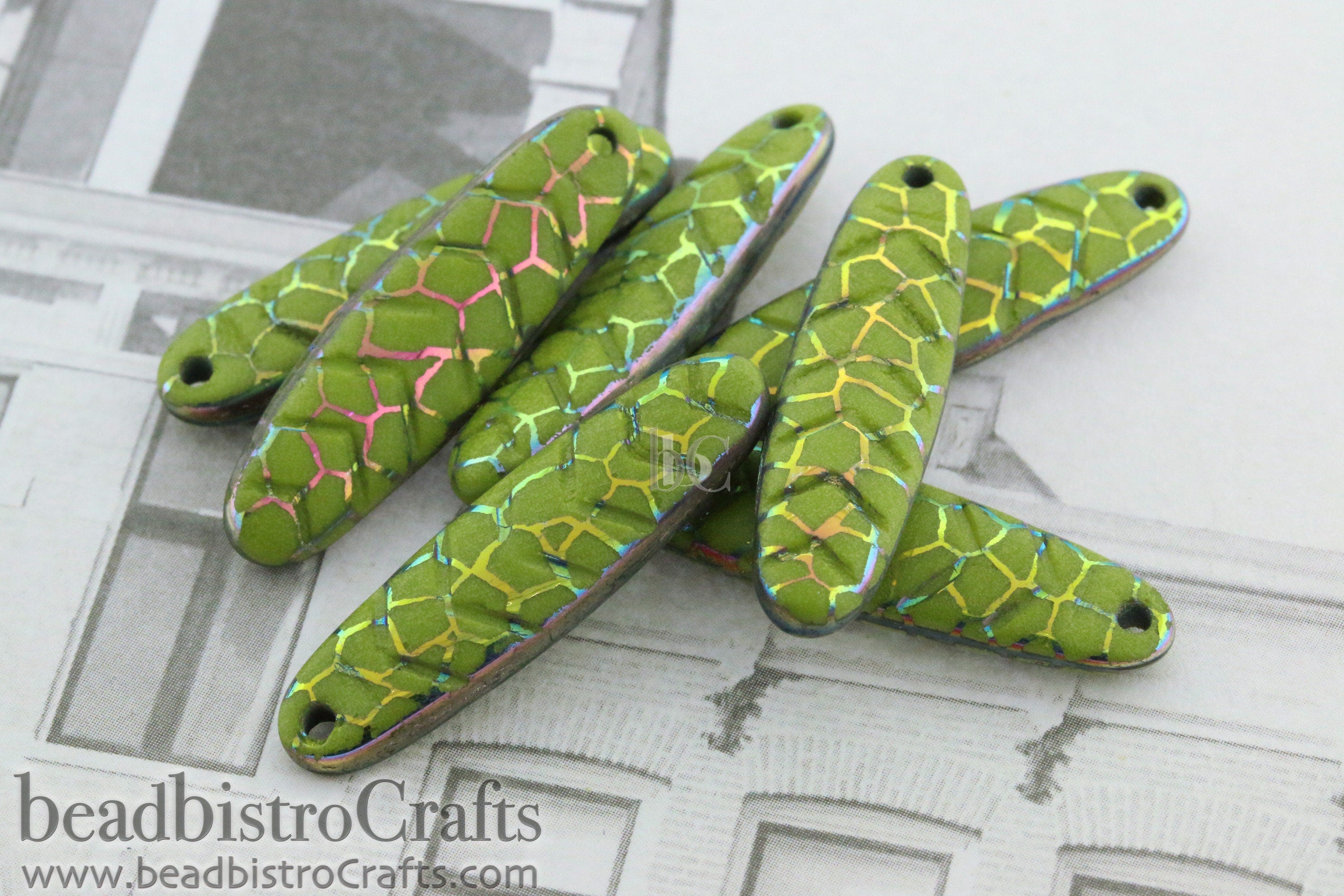 2pcs Laser Tattoo CHEVRON DAGGERS * Original Czech Glass Beads - Opaque Olive Vitrail CRACKLE - 30x9mm Dagger Beads front drill - 0.9mm hole