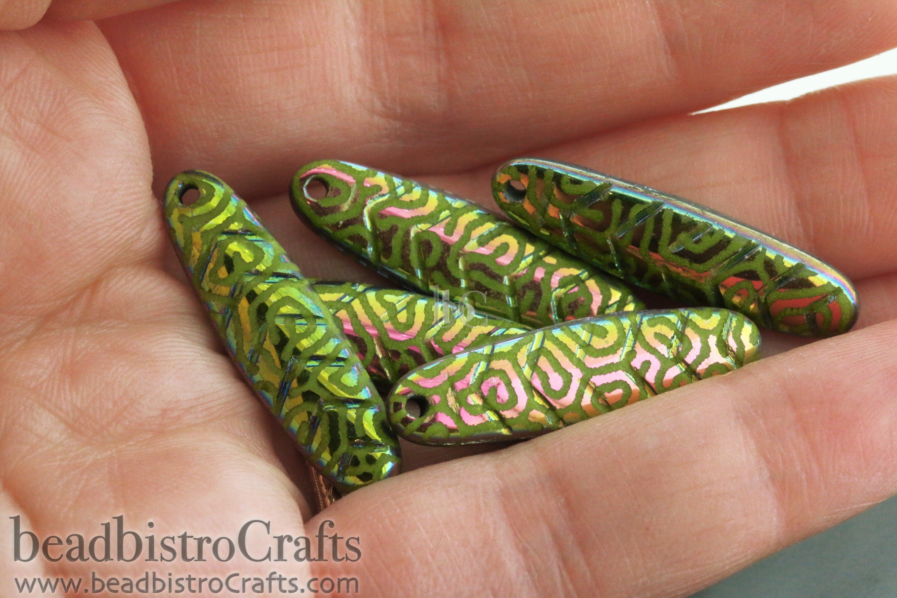 2pcs Laser Tattoo CHEVRON DAGGERS * Original Czech Glass Beads - Opaque Olive Vitrail MAZE - 30x9mm Dagger Beads front drill - 0.9mm hole