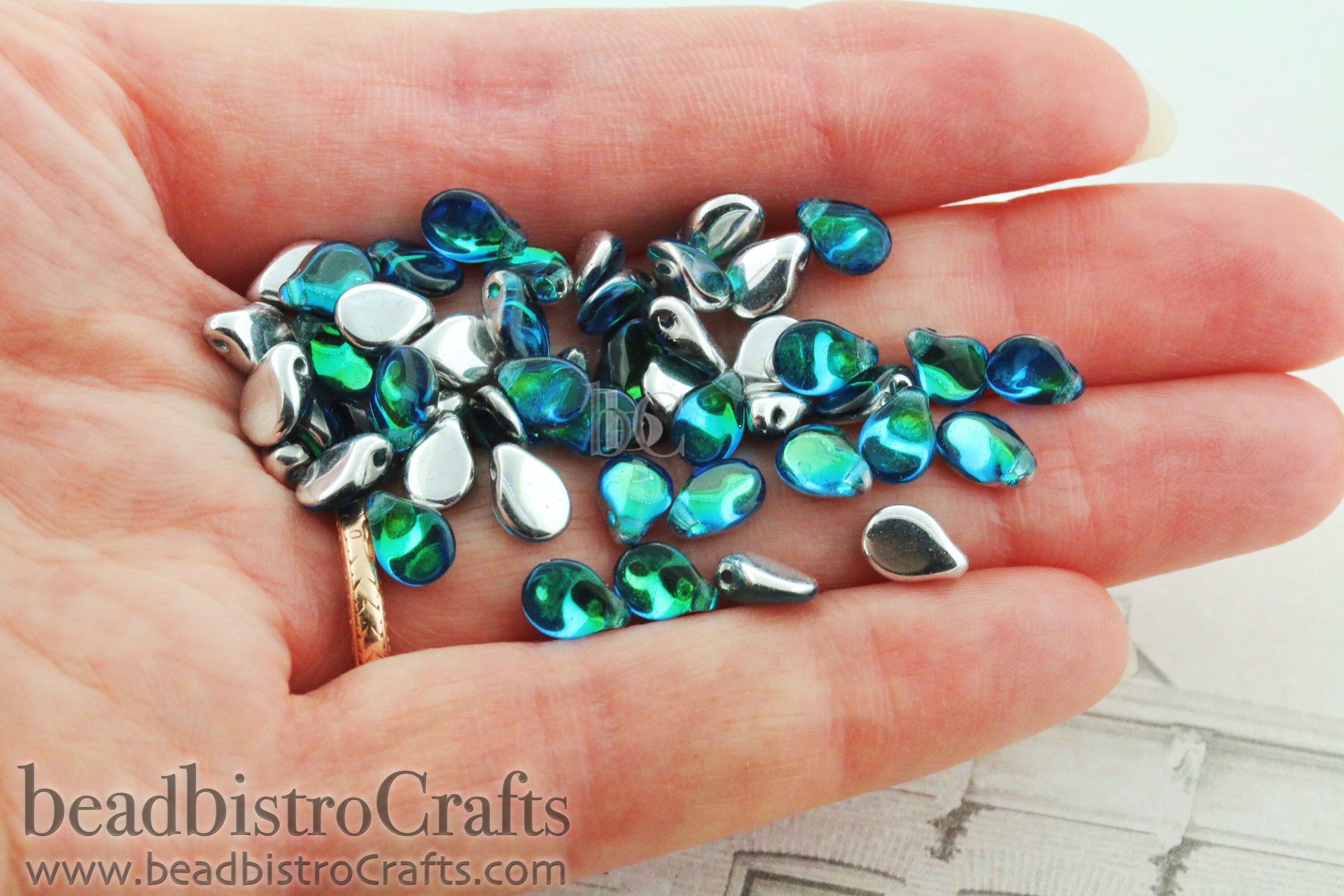 50pcs Czech Pip Beads * NEW Aquamarine Blue / Green OCEAN BACKLIT Petals - Glass Drop Beads - Preciosa Pip 5x7mm