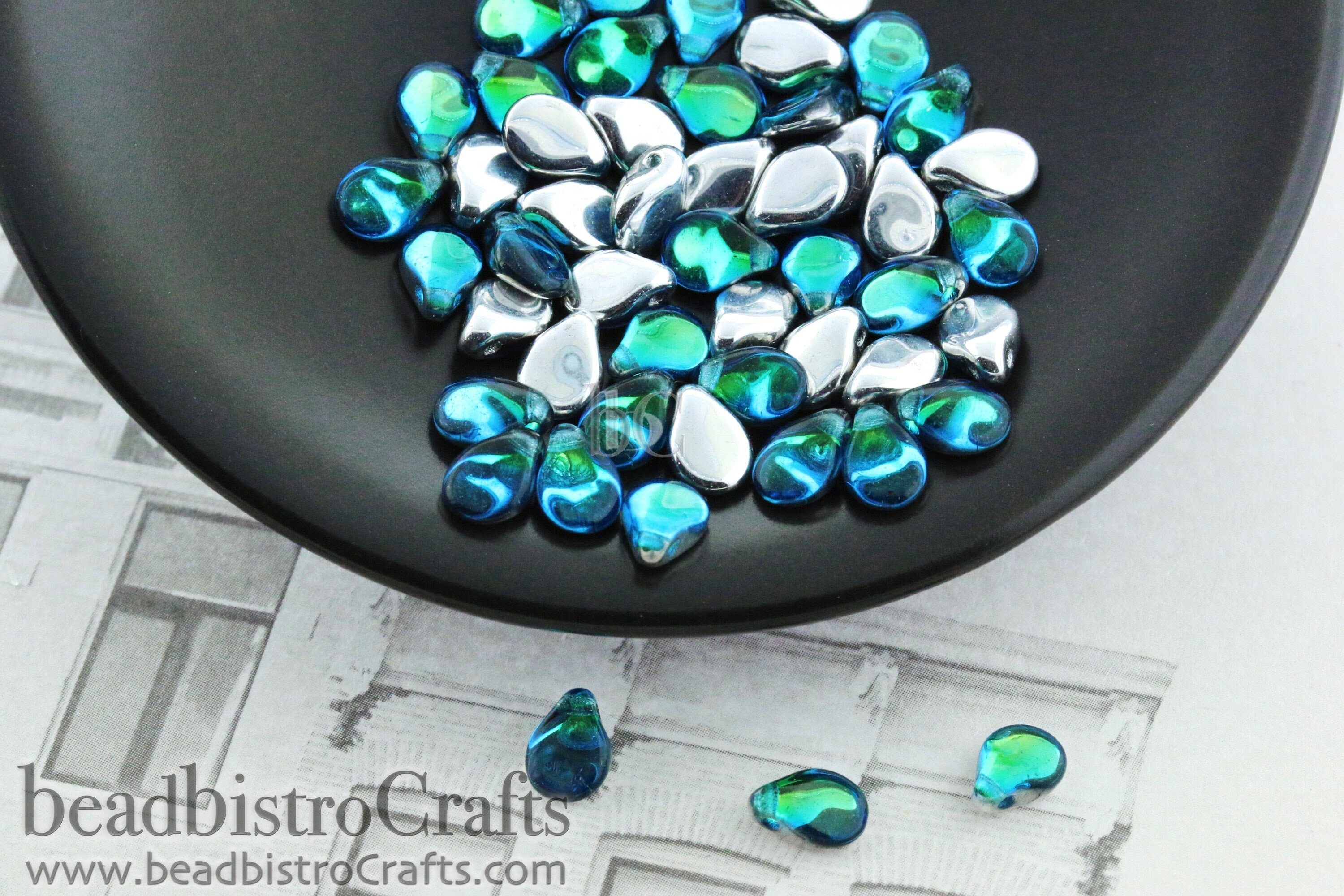 50pcs Czech Pip Beads * NEW Aquamarine Blue / Green OCEAN BACKLIT Petals - Glass Drop Beads - Preciosa Pip 5x7mm