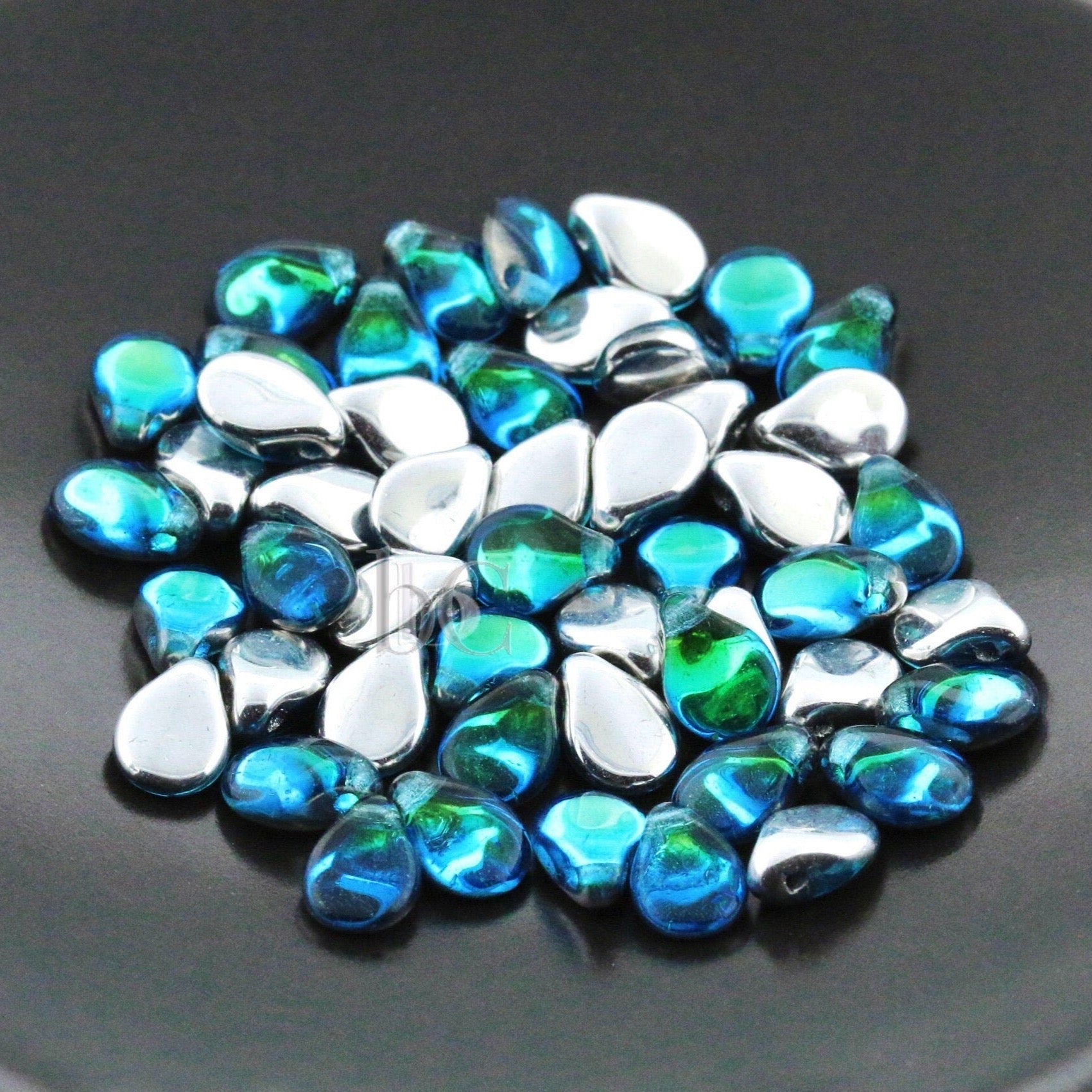 50pcs Czech Pip Beads * NEW Aquamarine Blue / Green OCEAN BACKLIT Petals - Glass Drop Beads - Preciosa Pip 5x7mm