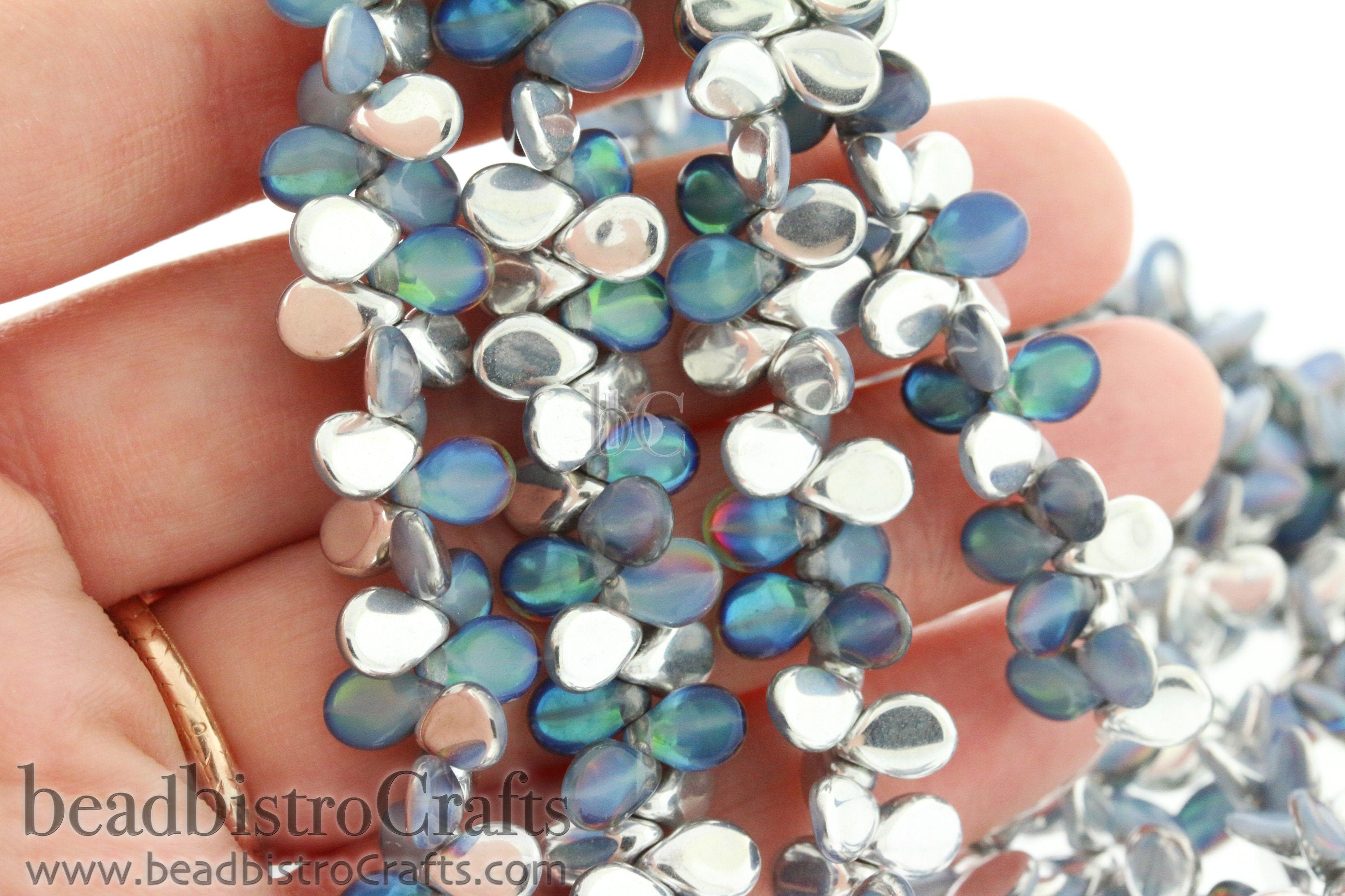 50pcs Czech Pip Beads * NEW Milky Opal PETROL BACKLIT Petals - Glass Drop Beads - Preciosa Pip 5x7mm