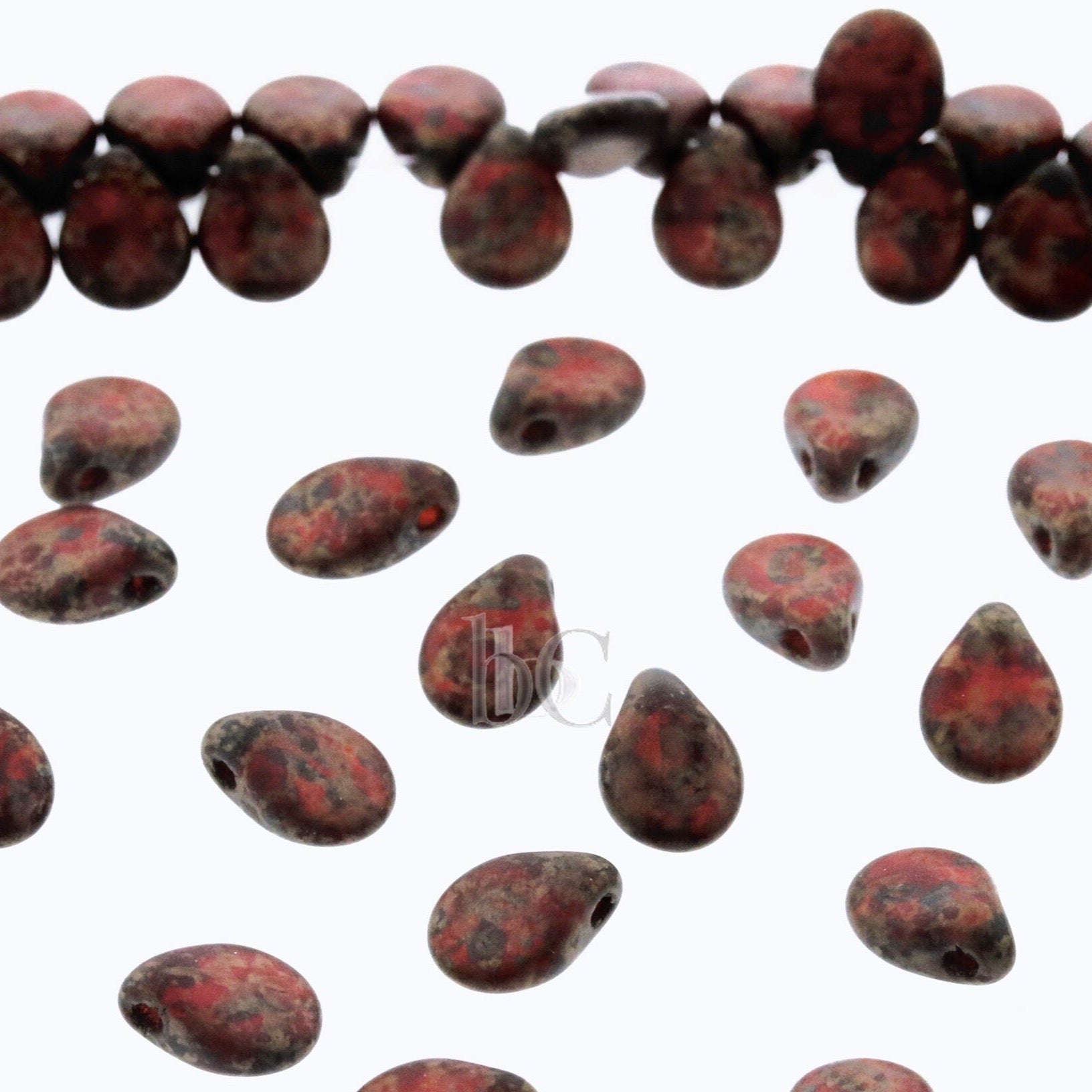 Dark Red Pip Beads - 50pcs Czech Glass - FROSTED Siam Fired BRICK Copper PICASSO - Drop Beads - Preciosa pip 5x7mm