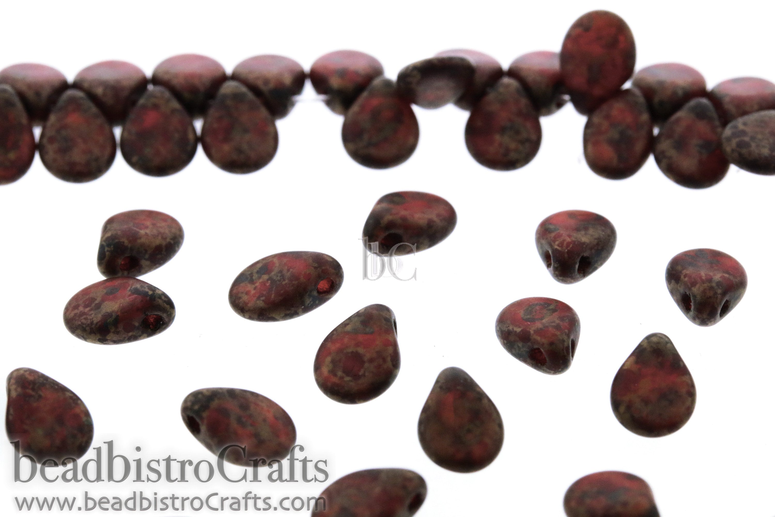 Dark Red Pip Beads - 50pcs Czech Glass - FROSTED Siam Fired BRICK Copper PICASSO - Drop Beads - Preciosa pip 5x7mm