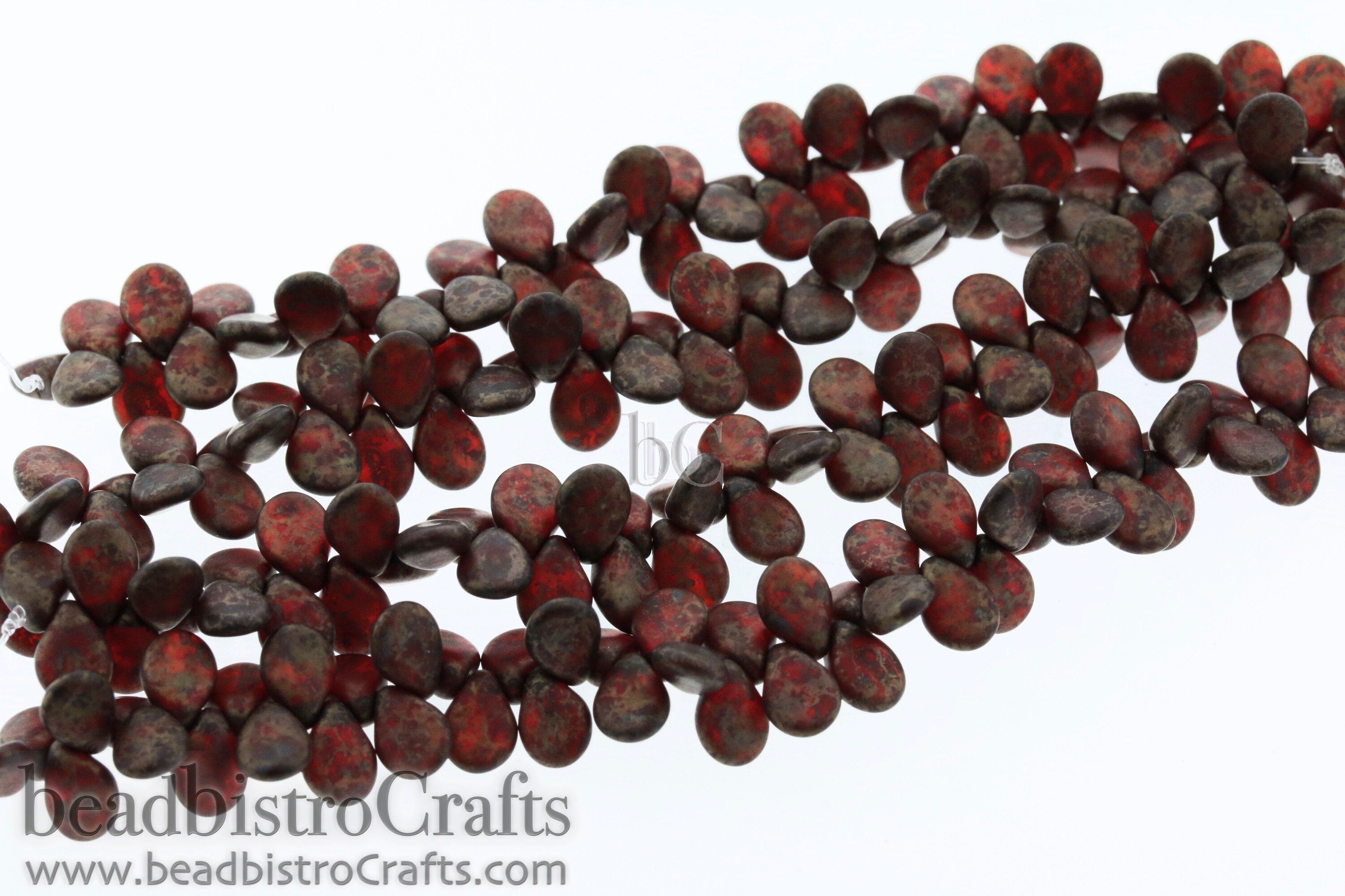 Dark Red Pip Beads - 50pcs Czech Glass - FROSTED Siam Fired BRICK Copper PICASSO - Drop Beads - Preciosa pip 5x7mm