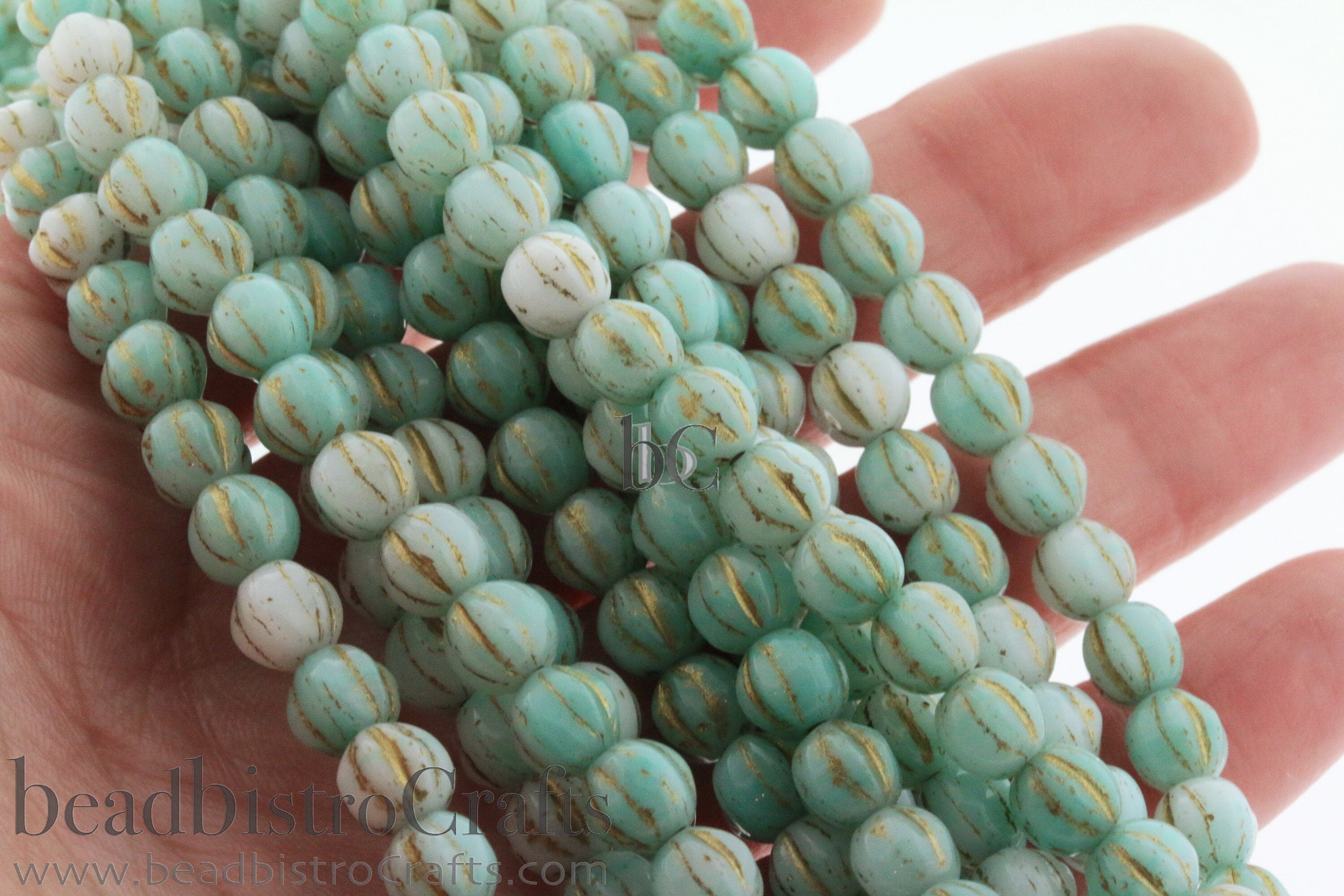 6mm Czech glass Melon round bead - 35 or 105pcs Pale VINTAGE JADE with GOLD Wash - 6mm Melon beads