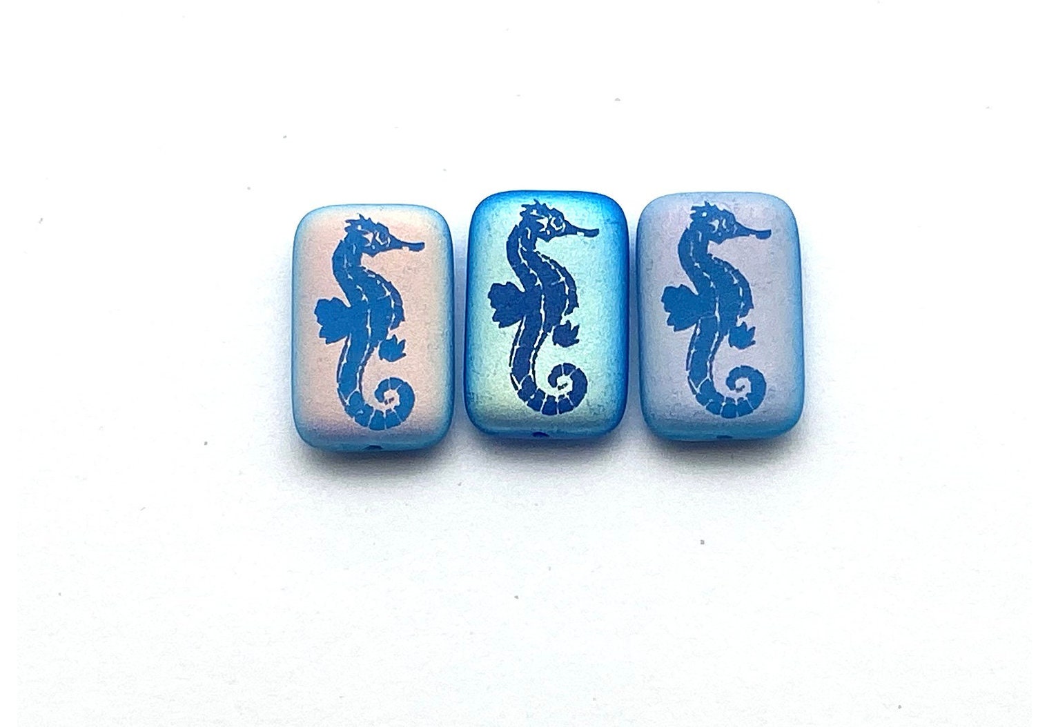 Czech Glass Beads ~ Seahorse Opaque Blue AB - 18x12mm Laser Tattoo Beads