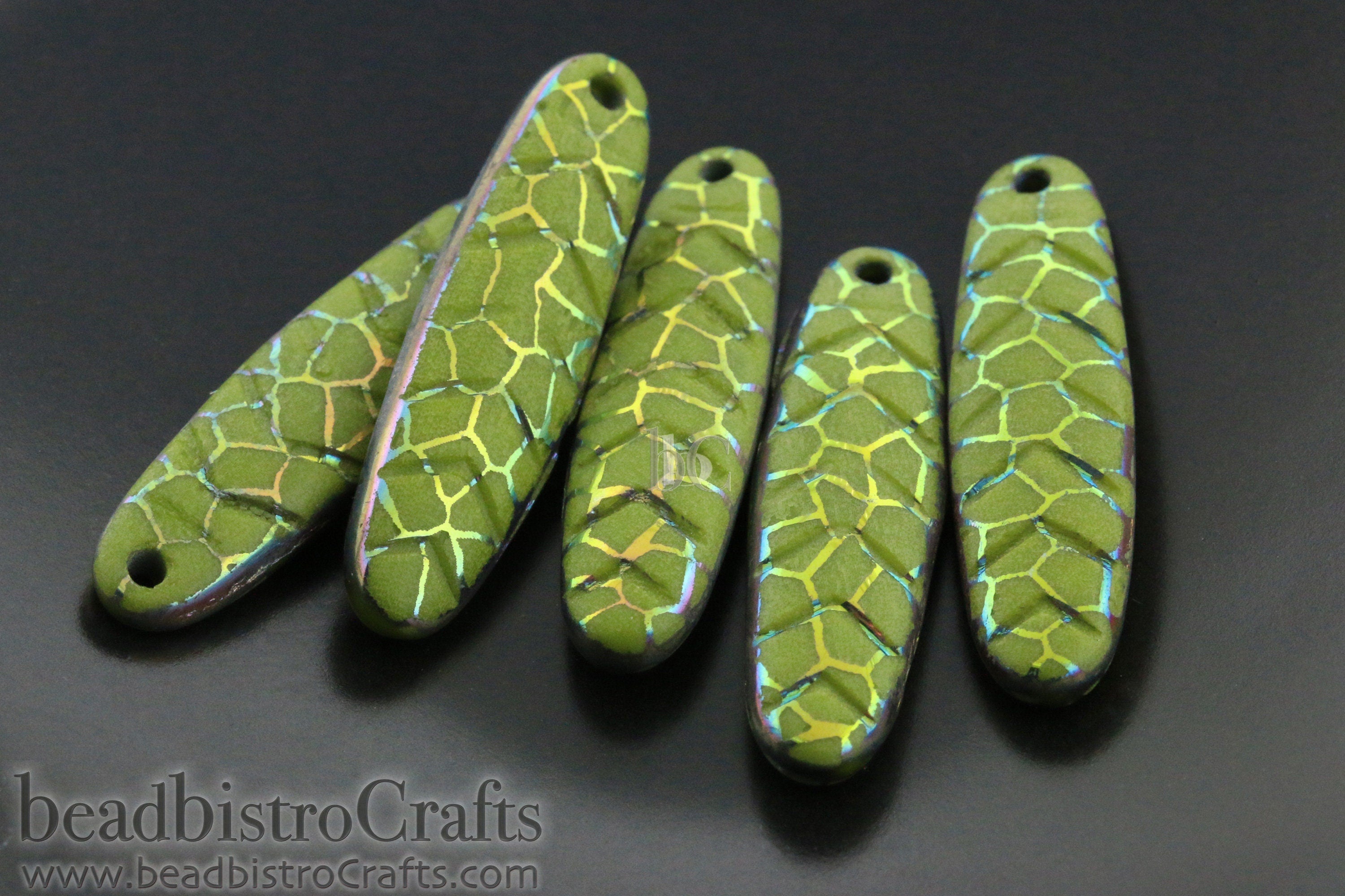 2pcs Laser Tattoo CHEVRON DAGGERS * Original Czech Glass Beads - Opaque Olive Vitrail CRACKLE - 30x9mm Dagger Beads front drill - 0.9mm hole