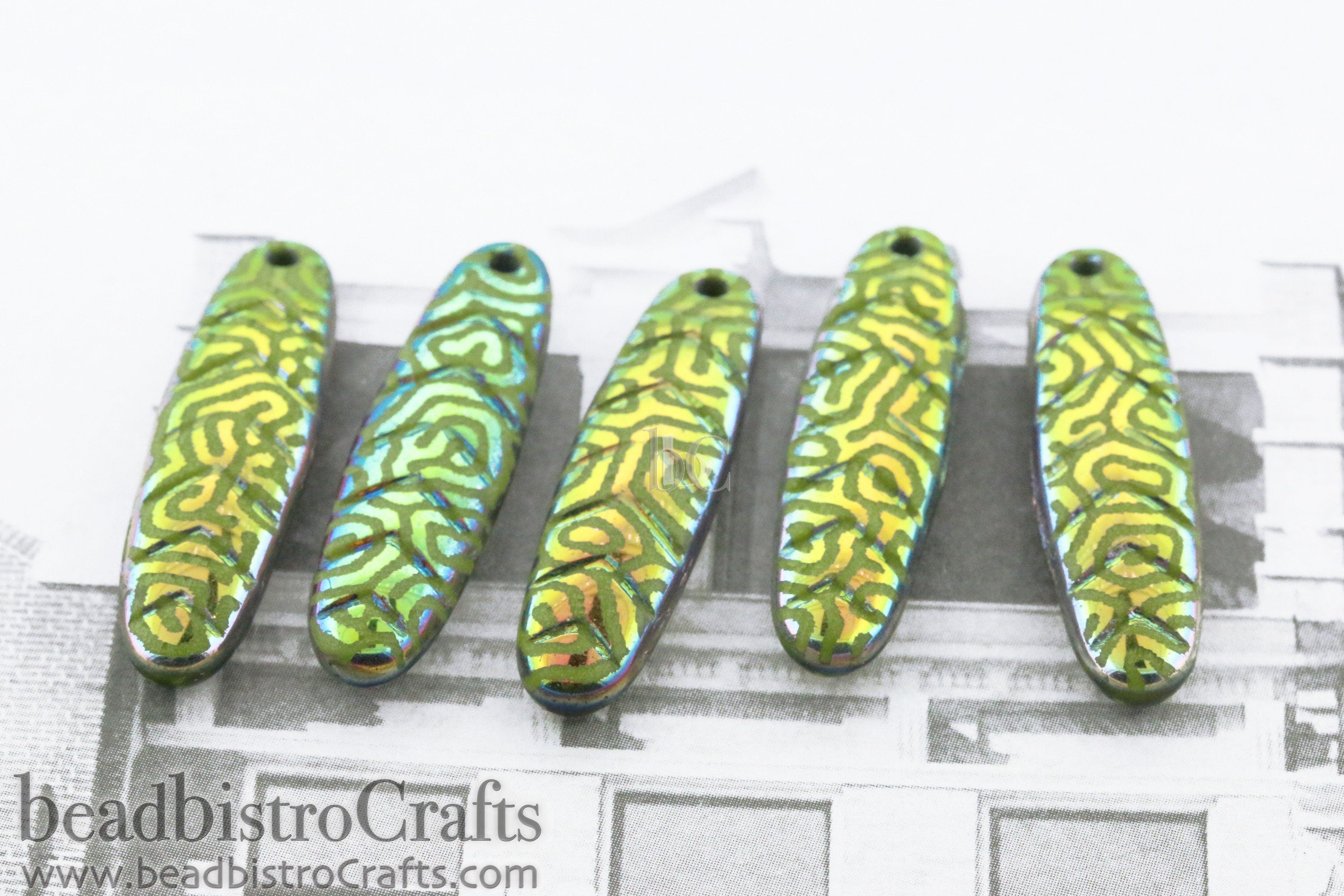 2pcs Laser Tattoo CHEVRON DAGGERS * Original Czech Glass Beads - Opaque Olive Vitrail MAZE - 30x9mm Dagger Beads front drill - 0.9mm hole