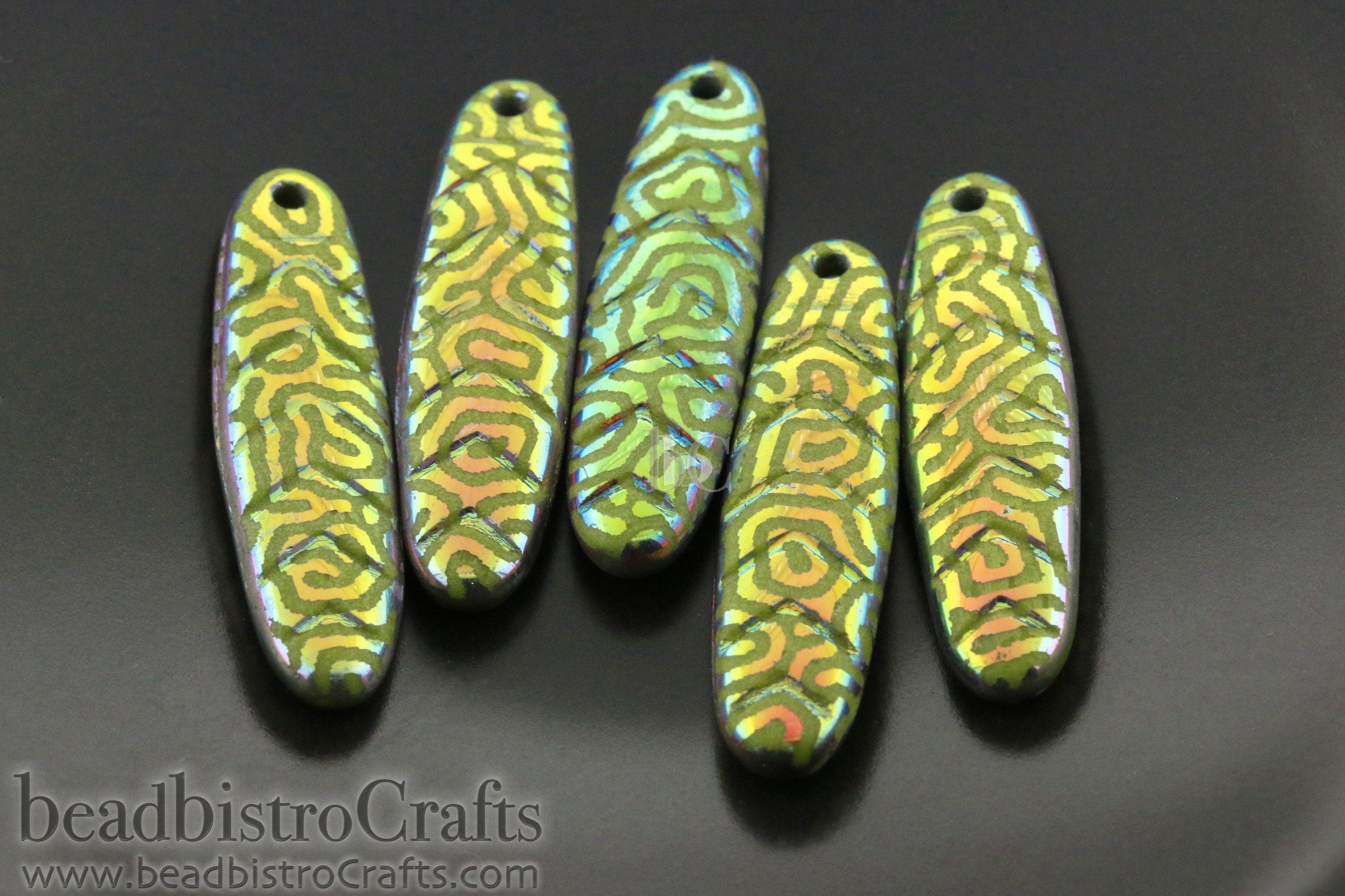 2pcs Laser Tattoo CHEVRON DAGGERS * Original Czech Glass Beads - Opaque Olive Vitrail MAZE - 30x9mm Dagger Beads front drill - 0.9mm hole