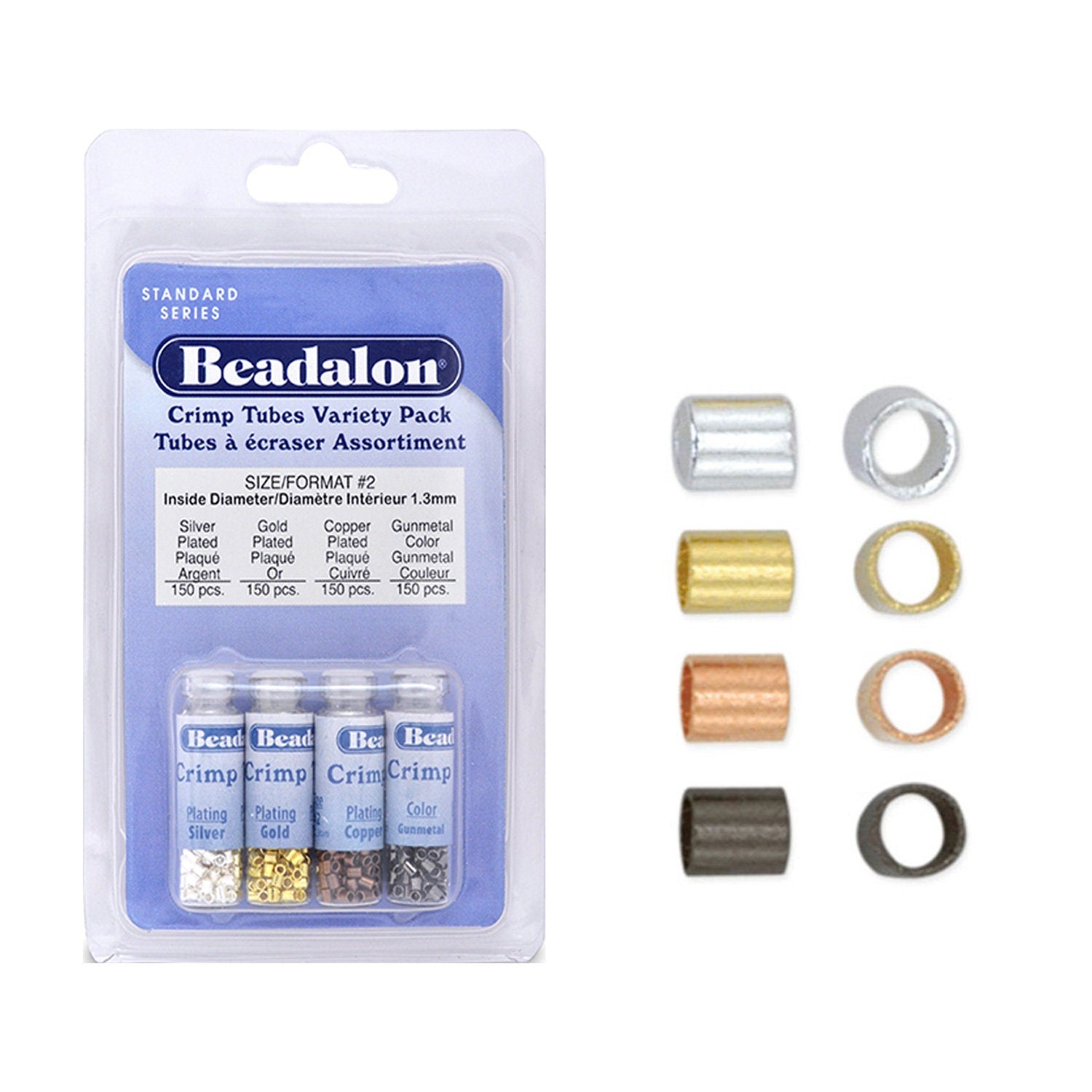 Beadalon Silver, Gold, Gunmetal, Coper Crimp Tubes Variety Pack, Size #2