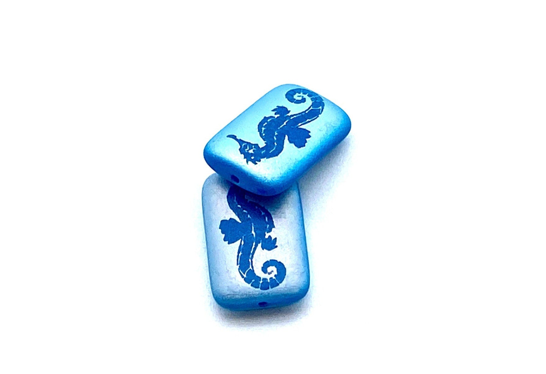 Czech Glass Beads ~ Seahorse Opaque Blue AB - 18x12mm Laser Tattoo Beads