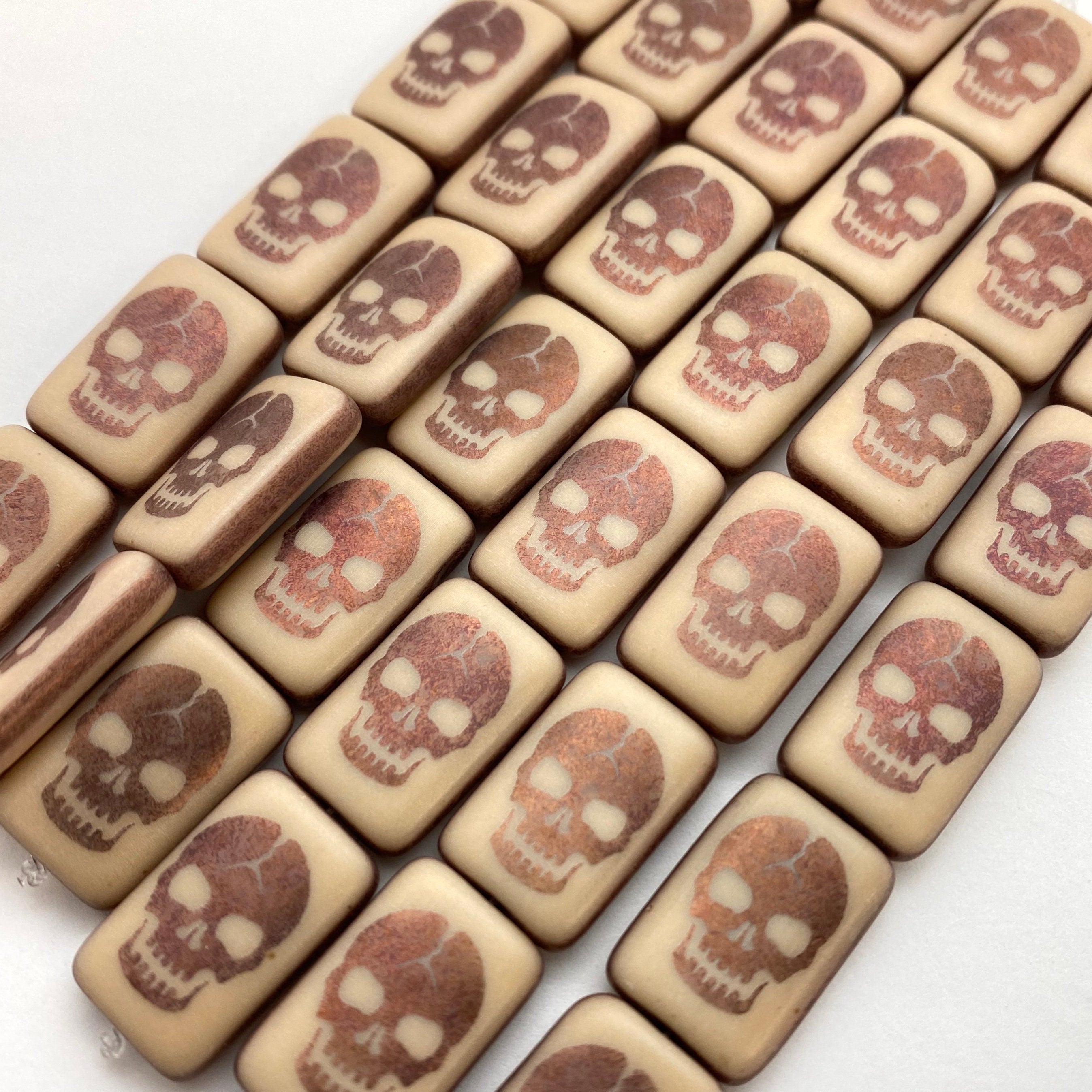 Czech Glass Beads ~ Skull Matte Opaque Linen Copper - 20x13mm Laser Tattoo Beads