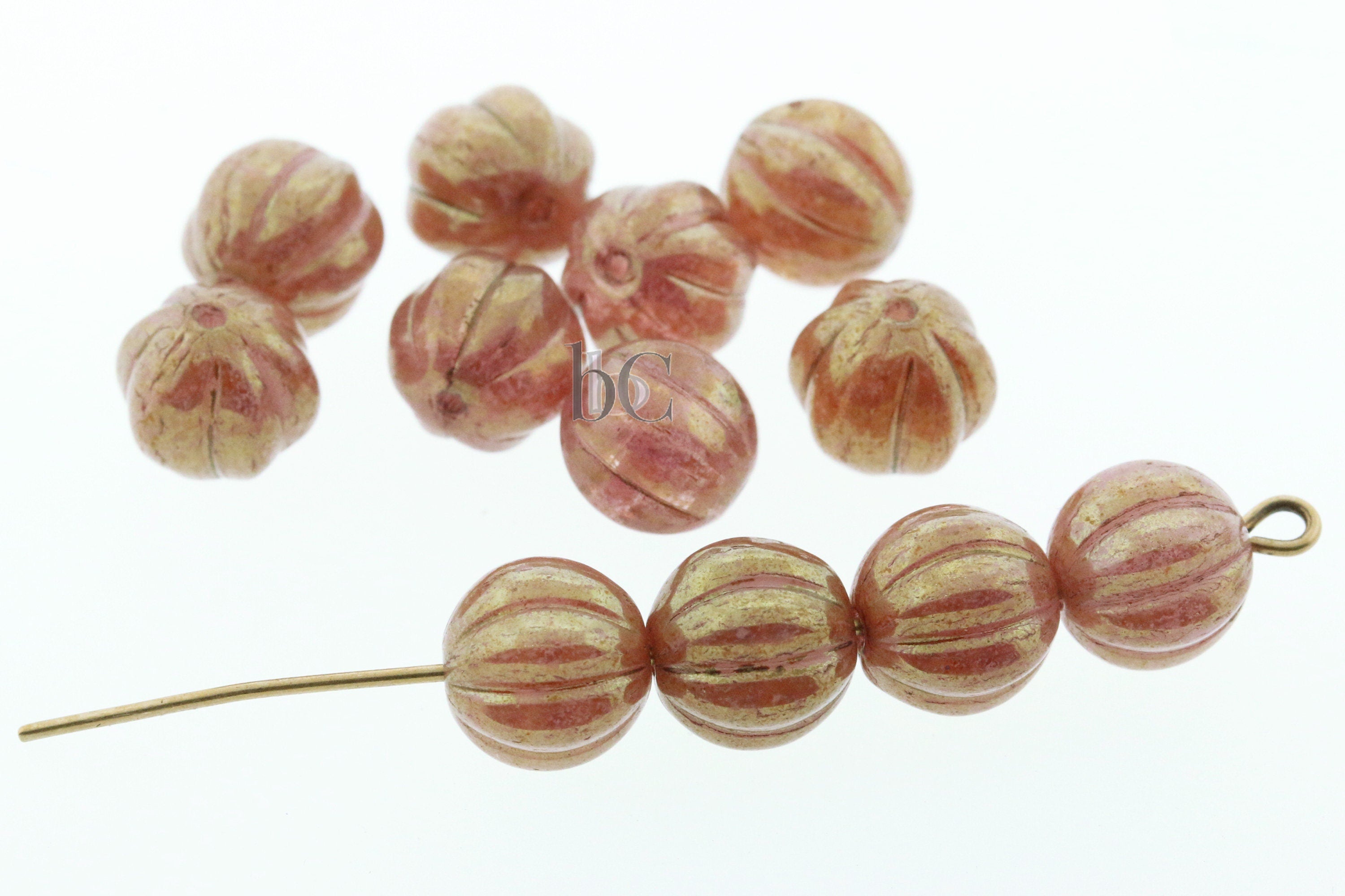 8mm Czech glass Melon round bead - 12pcs Luminescent Burnt Coral GOLDEN LUSTERED - 8mm Melon beads