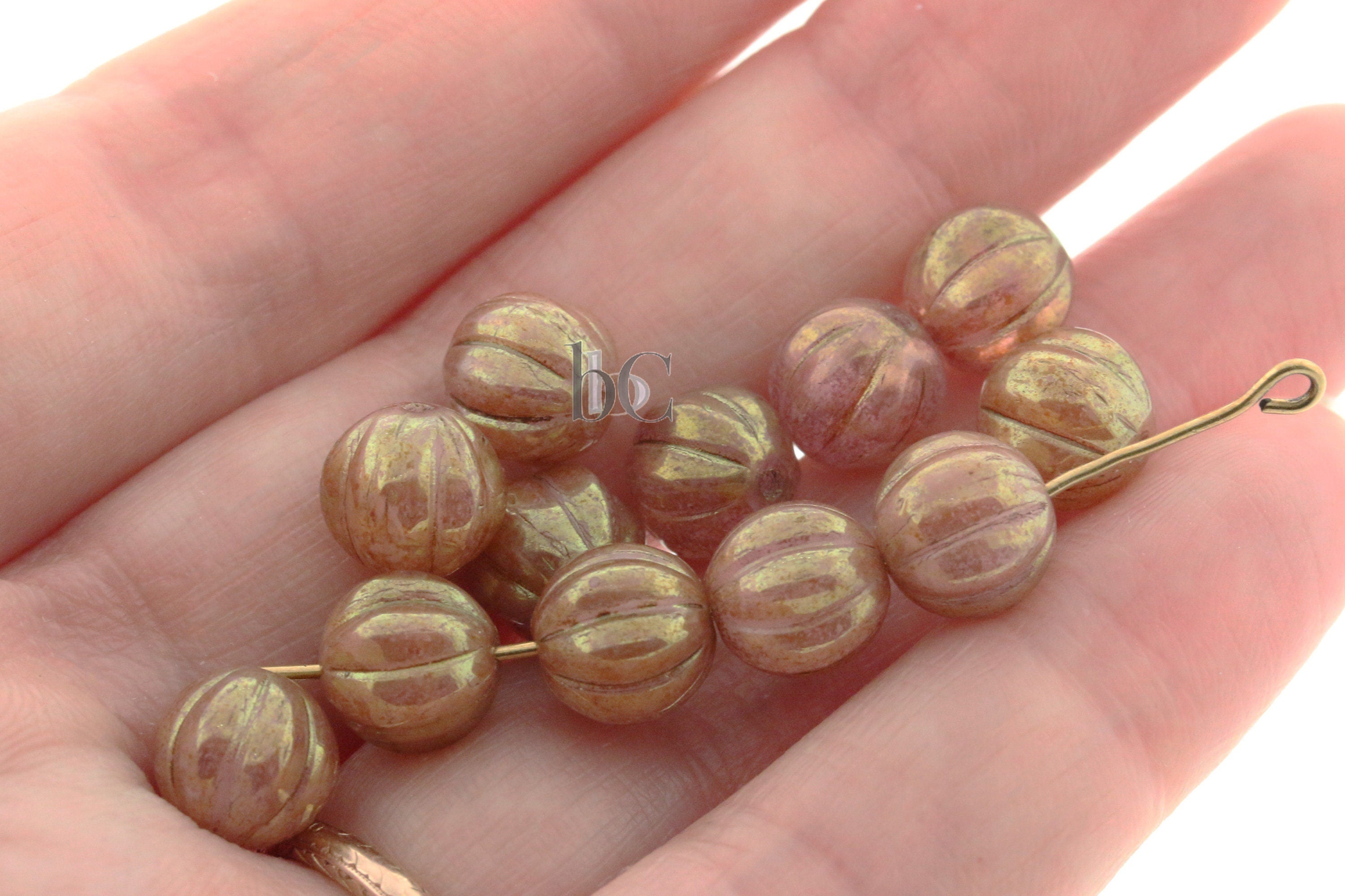 8mm Czech glass Melon round bead - 12pcs Luminescent Burnt Coral GOLDEN LUSTERED - 8mm Melon beads