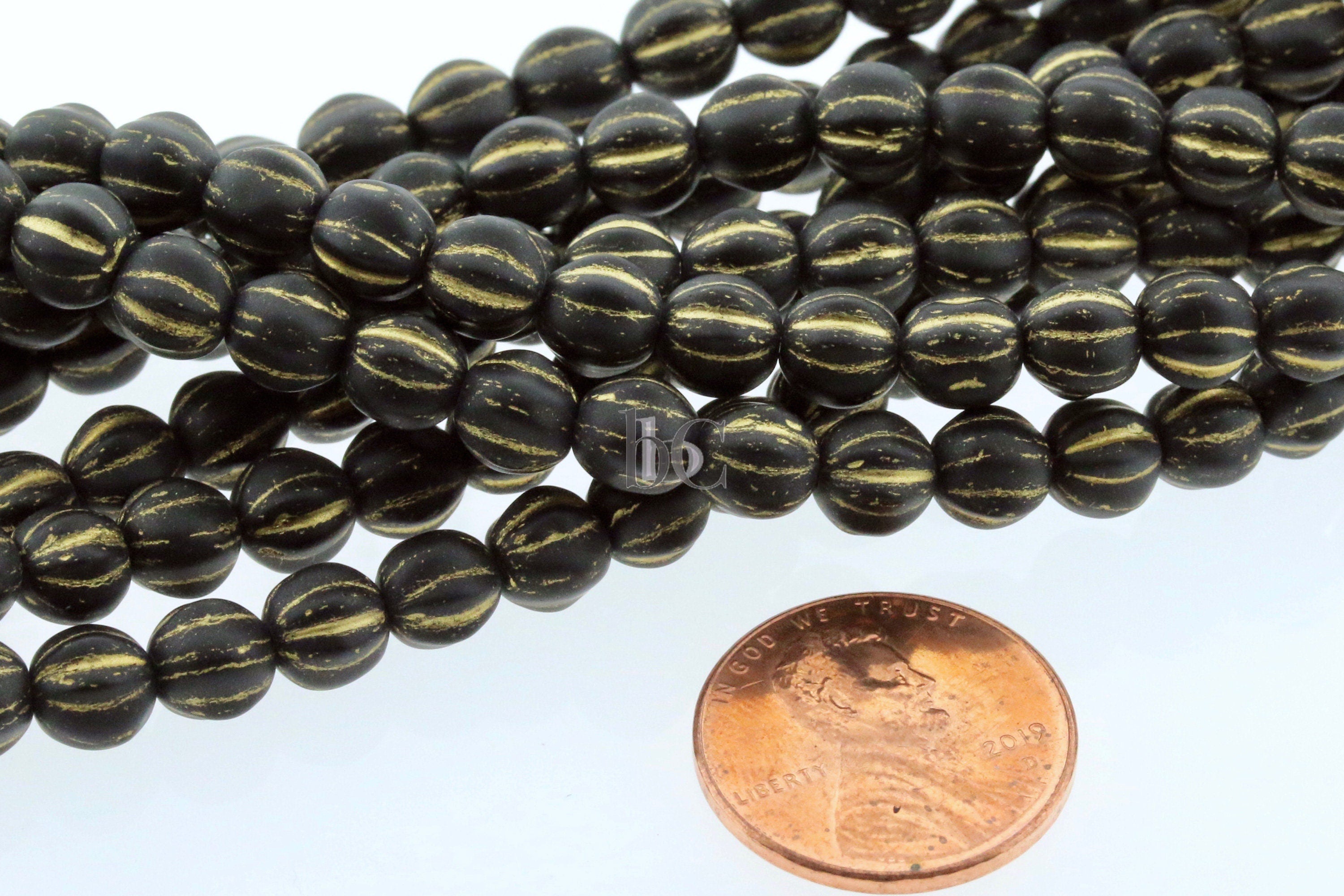 6mm Czech glass Melon round bead - 35 or 105pcs Matte Black with GOLD Wash - 6mm Melon beads