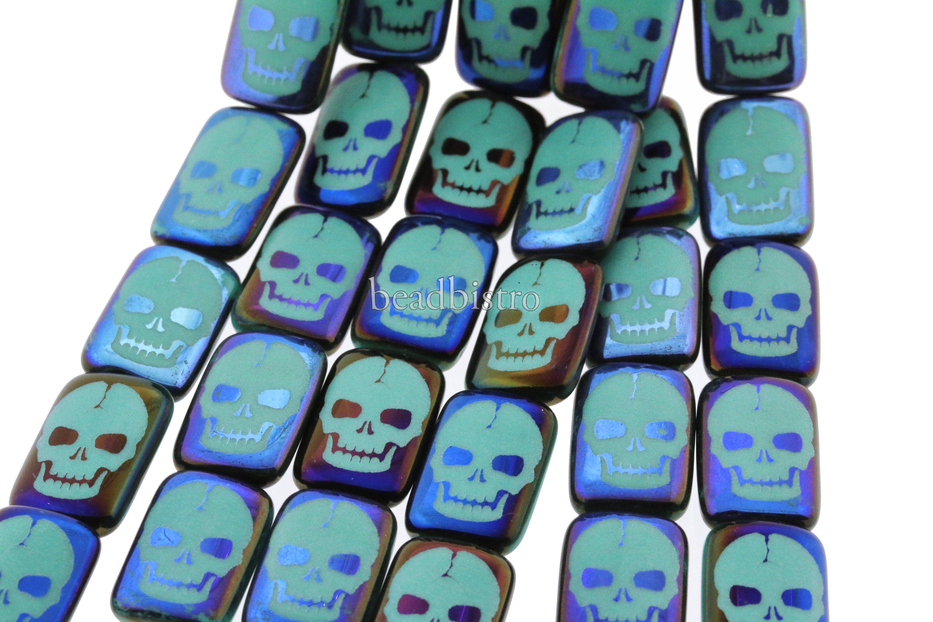 Czech Glass Beads ~ Skull Opaque Turquoise Azuro - 18x12mm Laser Tattoo Beads