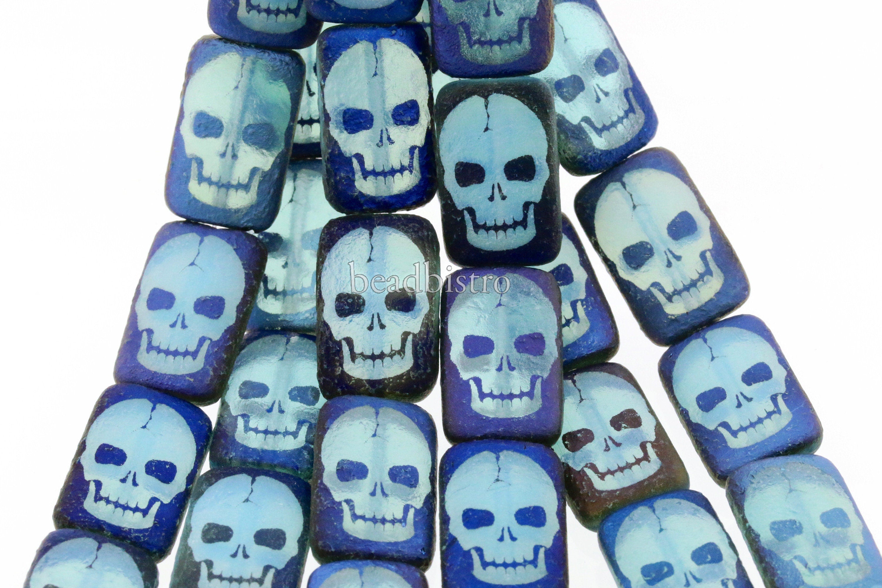 Czech Glass Beads ~ Skull Transparent Light Blue Azuro - 18x12mm Laser Tattoo Etched Beads