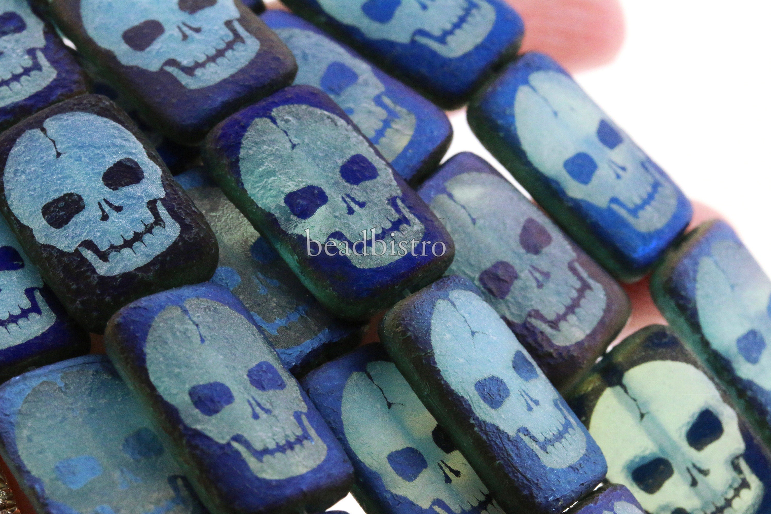 Czech Glass Beads ~ Skull Transparent Light Blue Azuro - 18x12mm Laser Tattoo Etched Beads