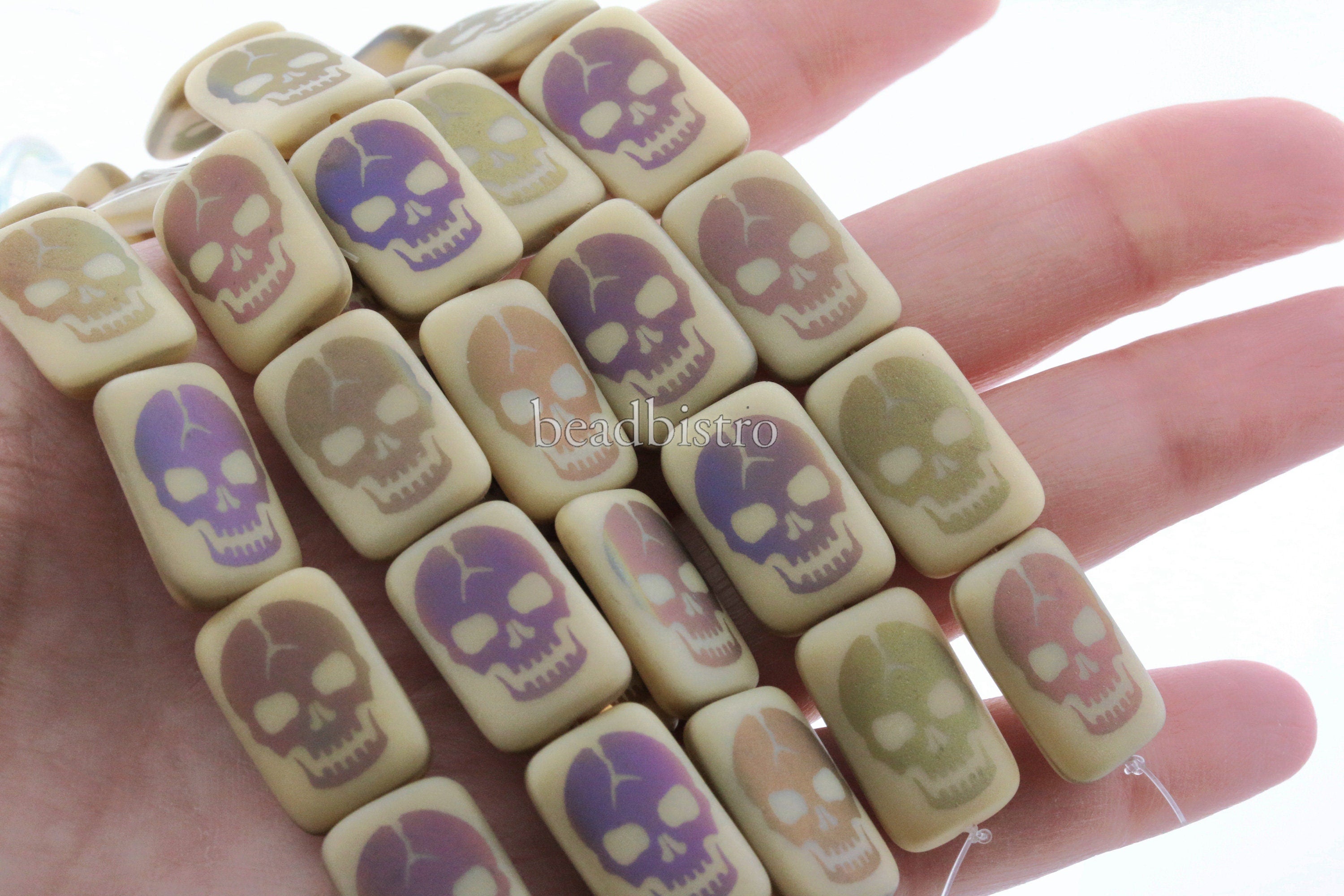 Czech Glass Beads ~ Skull Matte Opaque Sliperit Beige - 18x12mm Laser Tattoo Beads