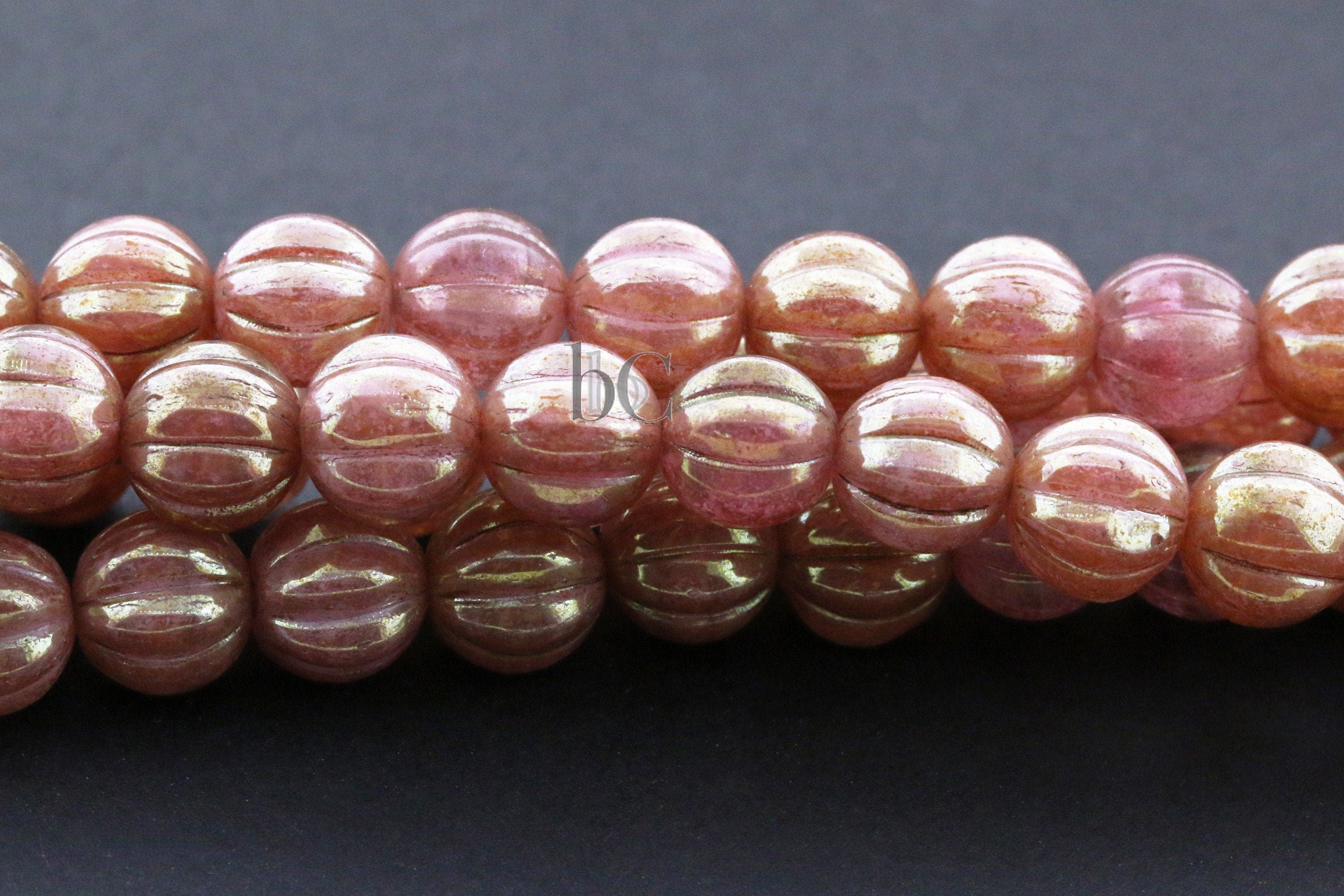 8mm Czech glass Melon round bead - 12pcs Luminescent Burnt Coral GOLDEN LUSTERED - 8mm Melon beads