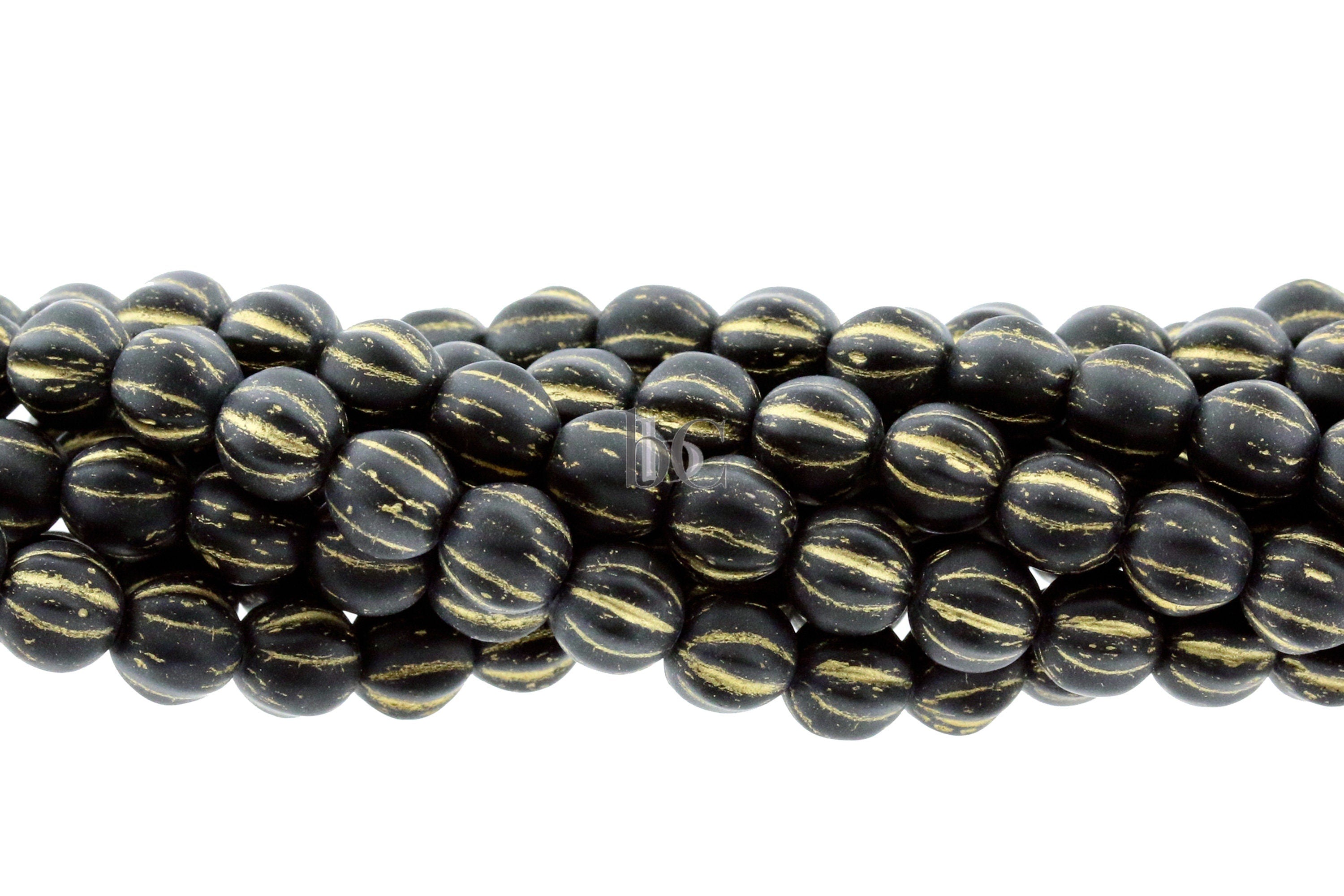 6mm Czech glass Melon round bead - 35 or 105pcs Matte Black with GOLD Wash - 6mm Melon beads