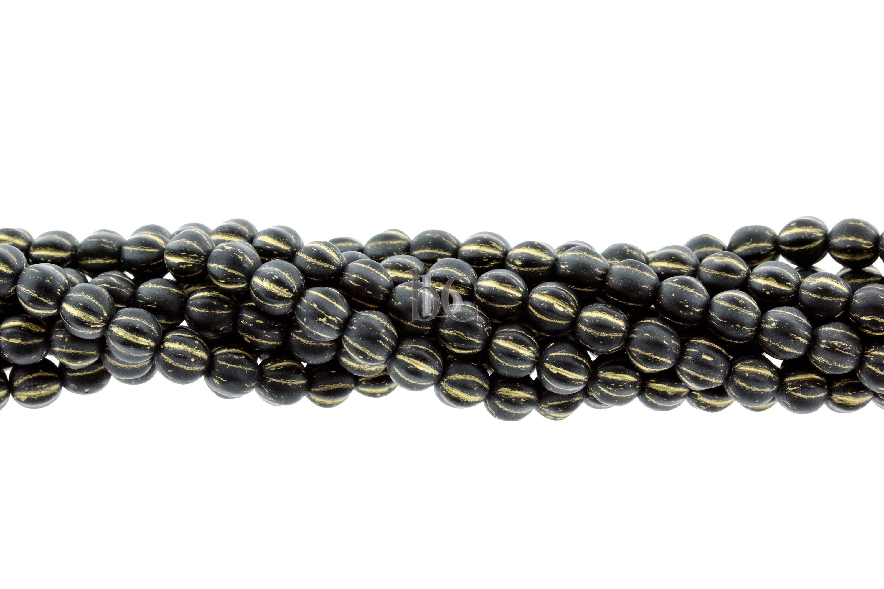 6mm Czech glass Melon round bead - 35 or 105pcs Matte Black with GOLD Wash - 6mm Melon beads