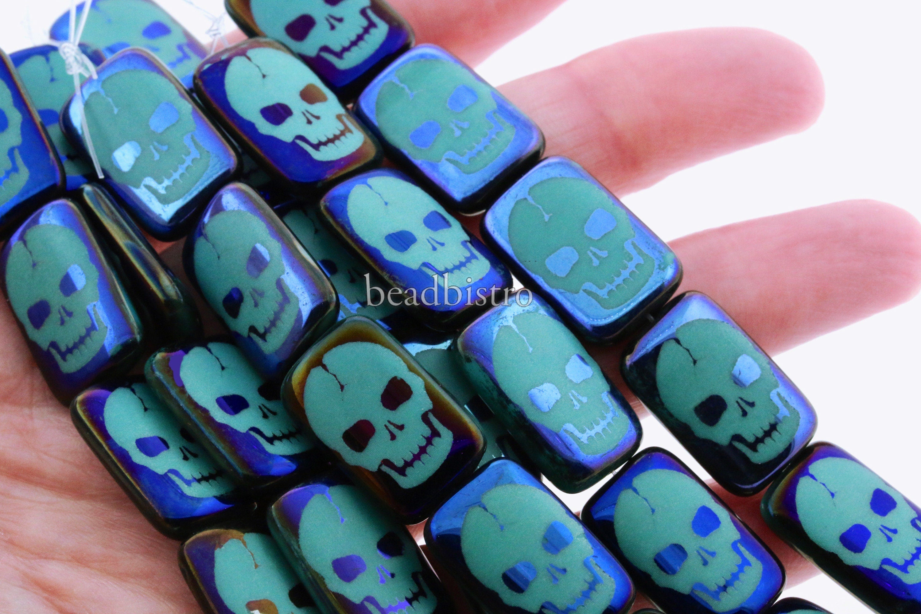 Czech Glass Beads ~ Skull Opaque Turquoise Azuro - 18x12mm Laser Tattoo Beads