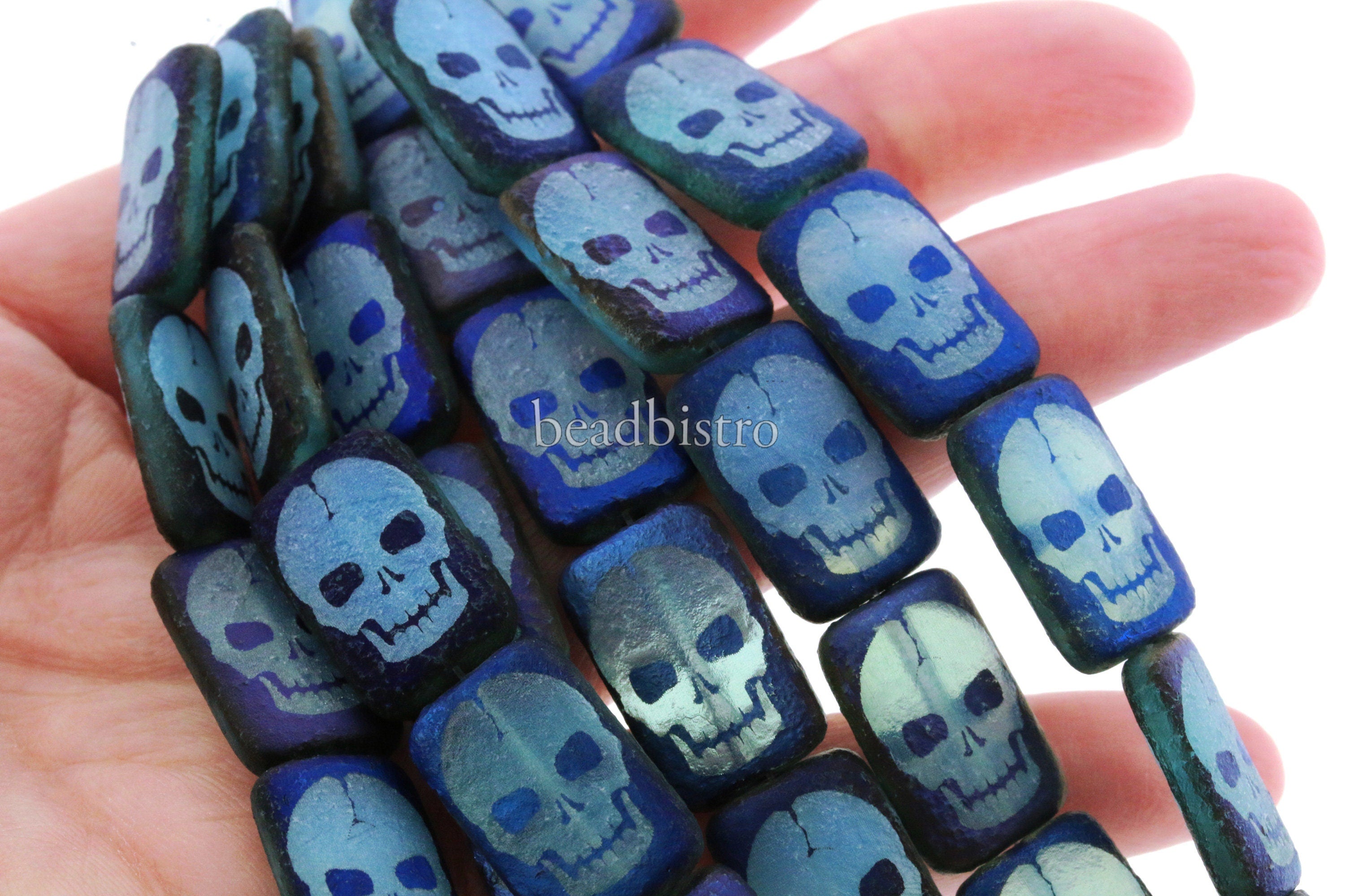 Czech Glass Beads ~ Skull Transparent Light Blue Azuro - 18x12mm Laser Tattoo Etched Beads