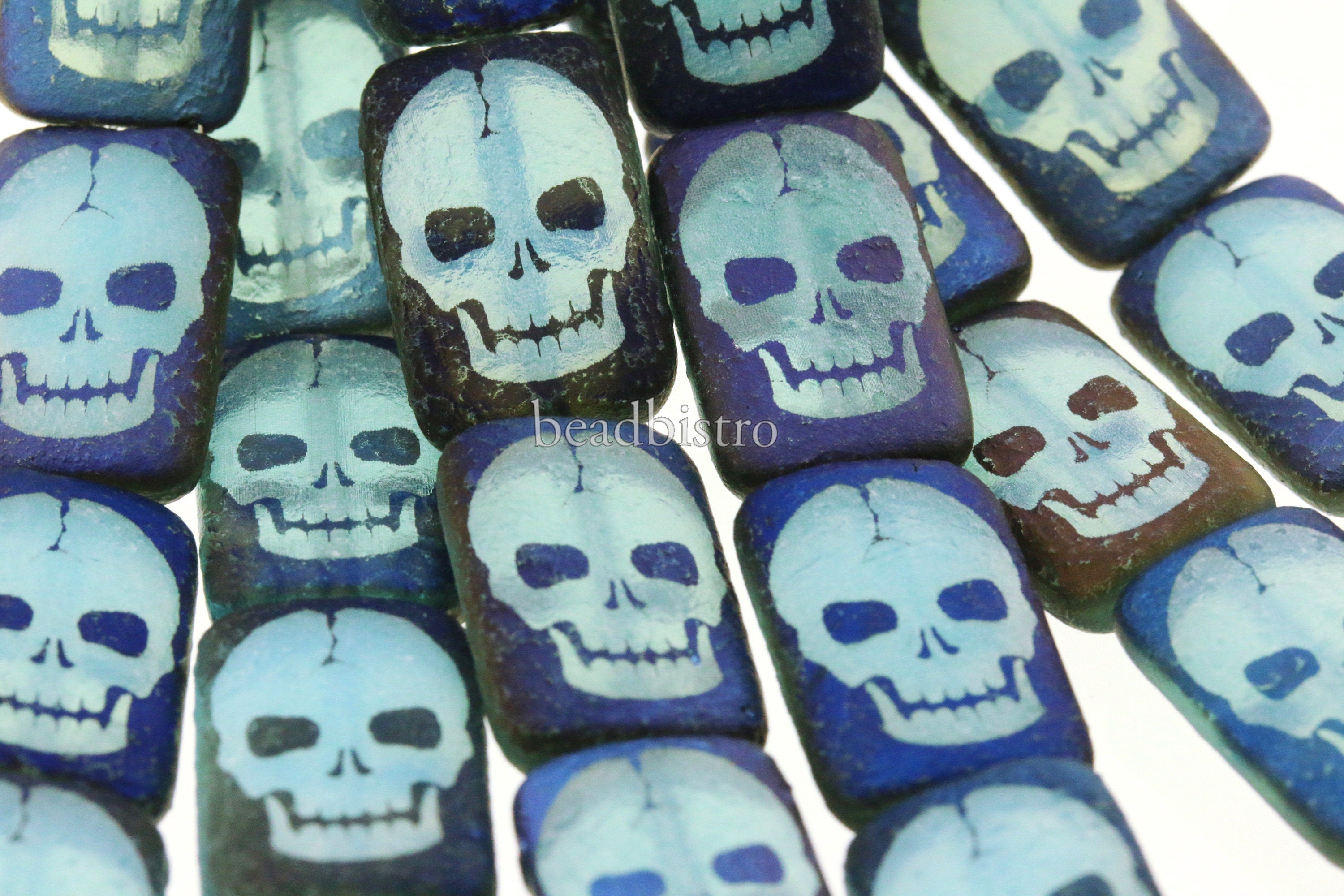 Czech Glass Beads ~ Skull Transparent Light Blue Azuro - 18x12mm Laser Tattoo Etched Beads